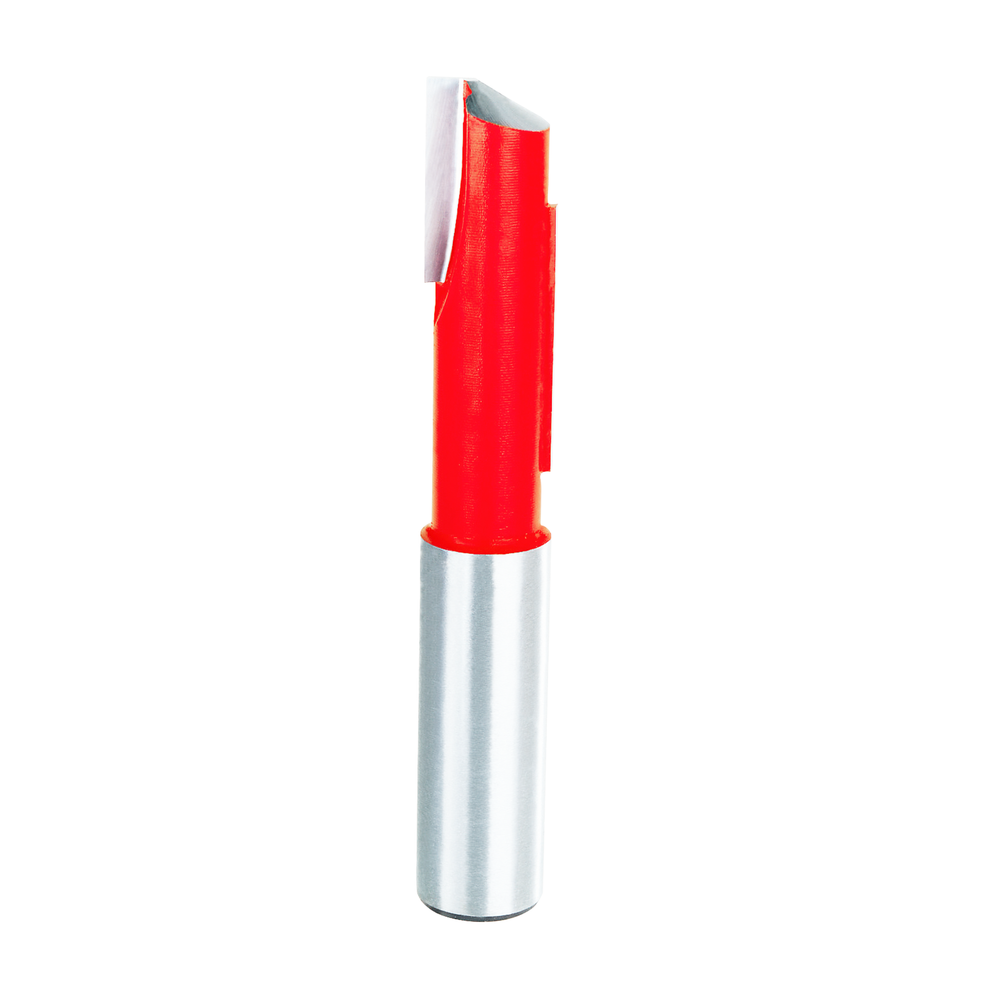 Red and silver stagger bit router tool with two staggered cutting edges on white background.