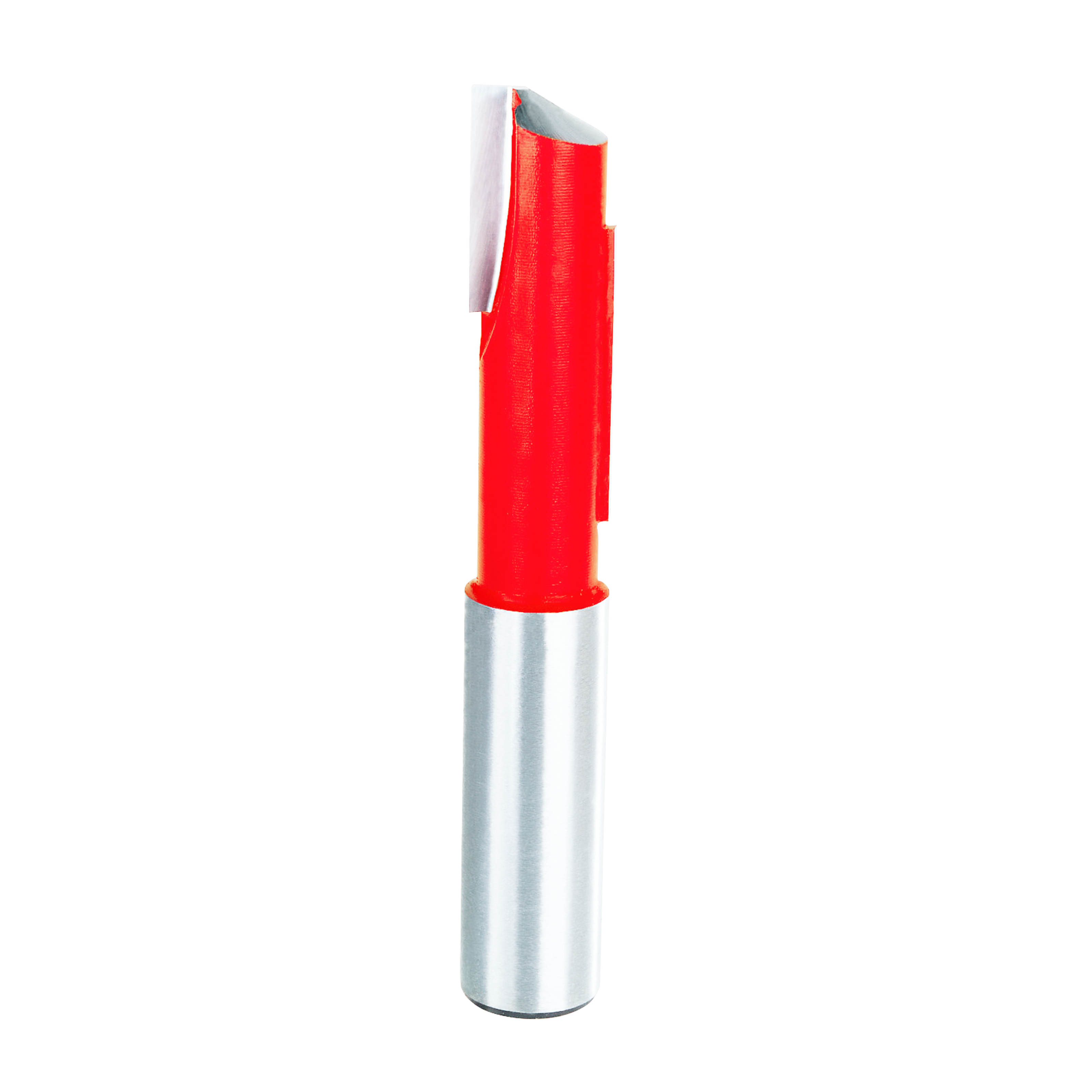 Red and silver stagger bit router tool with two staggered cutting edges on white background.