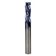 Three-flute mortise compression drill bit with dark blue cutting edges and silver cylindrical shank.