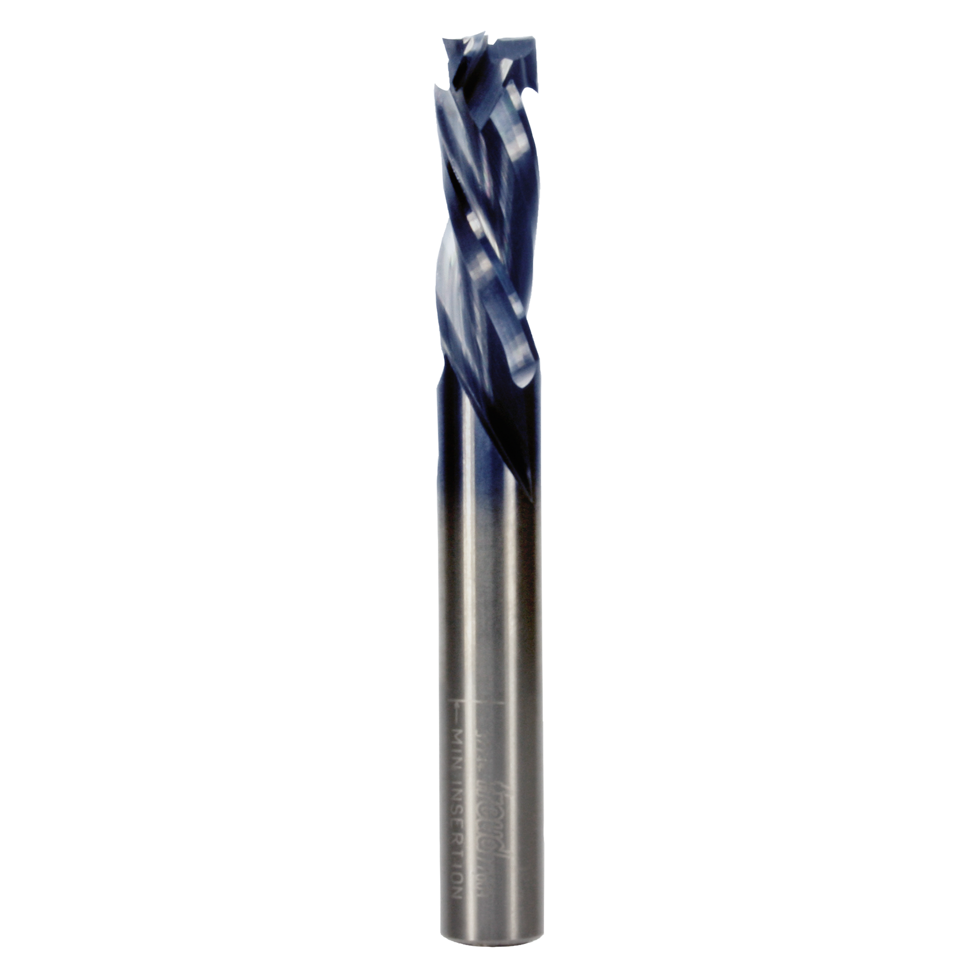 Three-flute mortise compression drill bit with dark blue cutting edges and silver cylindrical shank.