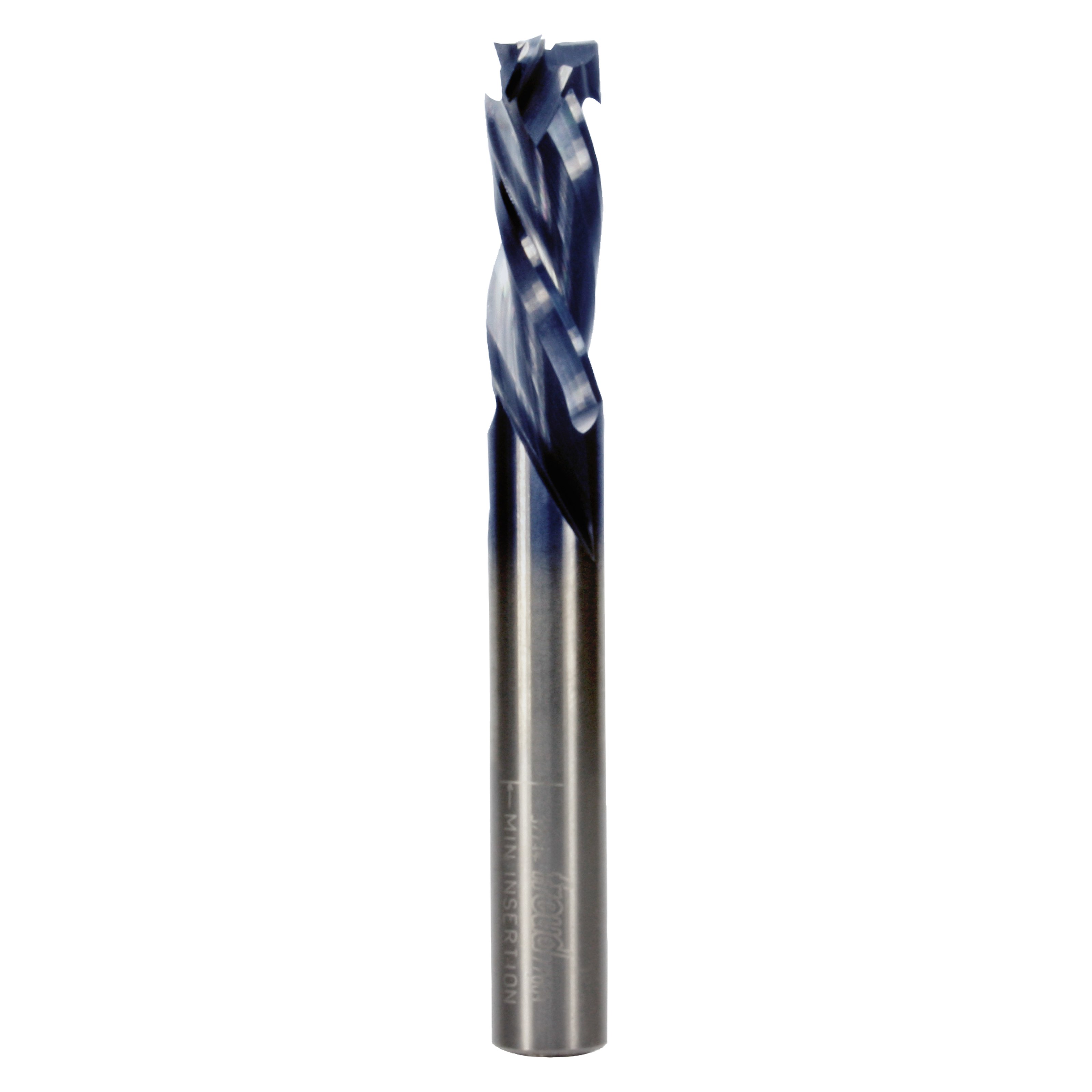 Three-flute mortise compression drill bit with dark blue cutting edges and silver cylindrical shank.