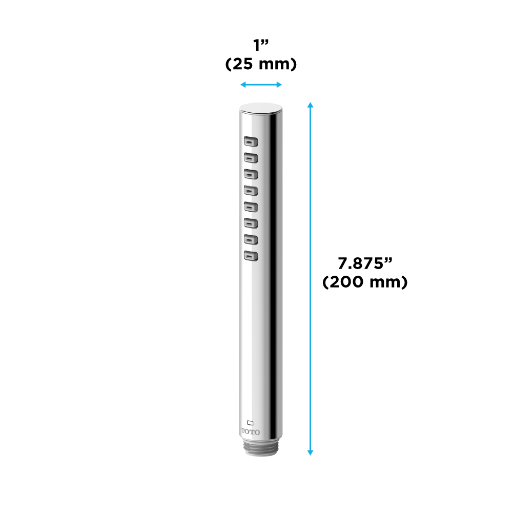 Brushed nickel cylindrical handshower with multiple spray nozzles, 1 inch diameter and 7.875 inches long.