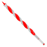 Red and gray spiral auger bit with pointed tip and fluted design for drilling.