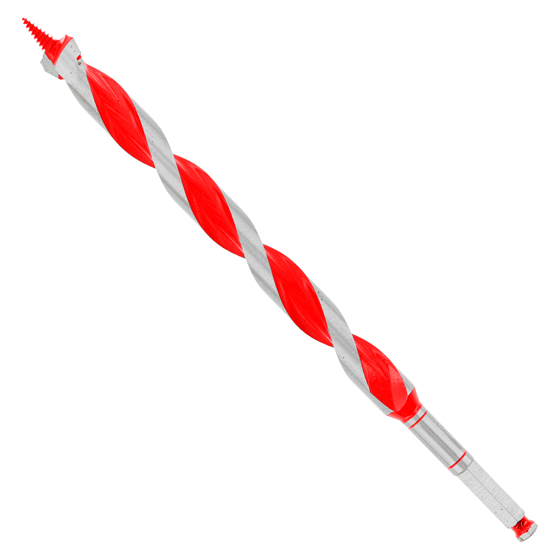 Red and gray spiral auger bit with pointed tip and fluted design for drilling.