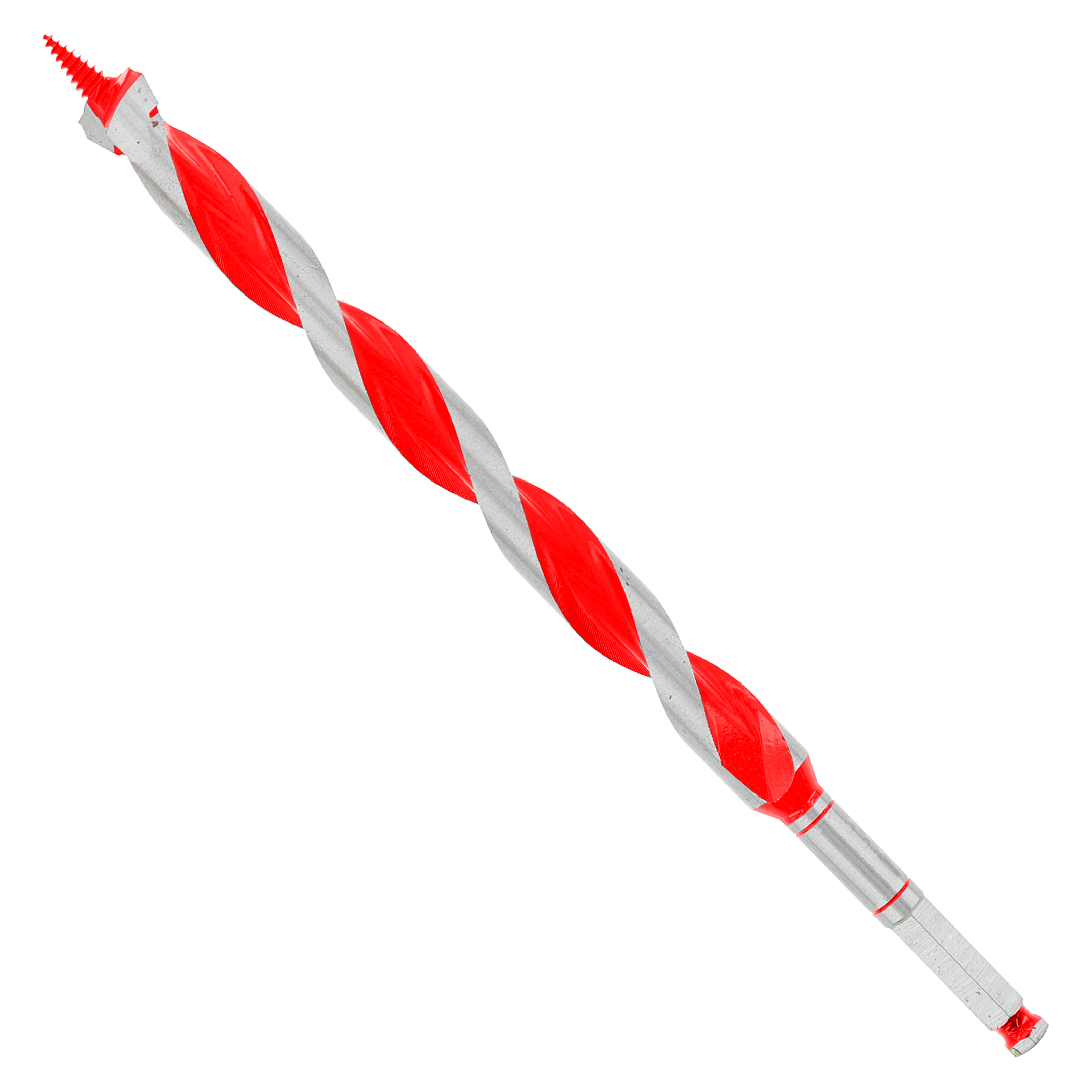 Red and gray spiral auger bit with pointed tip and fluted design for drilling.