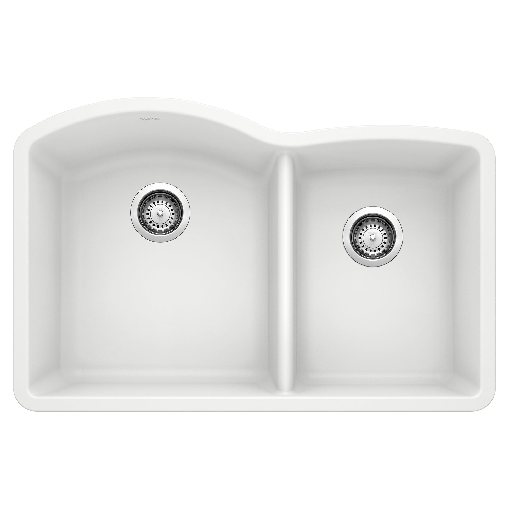 White undermount kitchen sink with two bowls and chrome drain strainers, viewed from above.