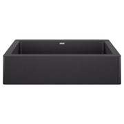 Anthracite farmhouse sink with single rectangular basin and front apron, viewed from above at angle.
