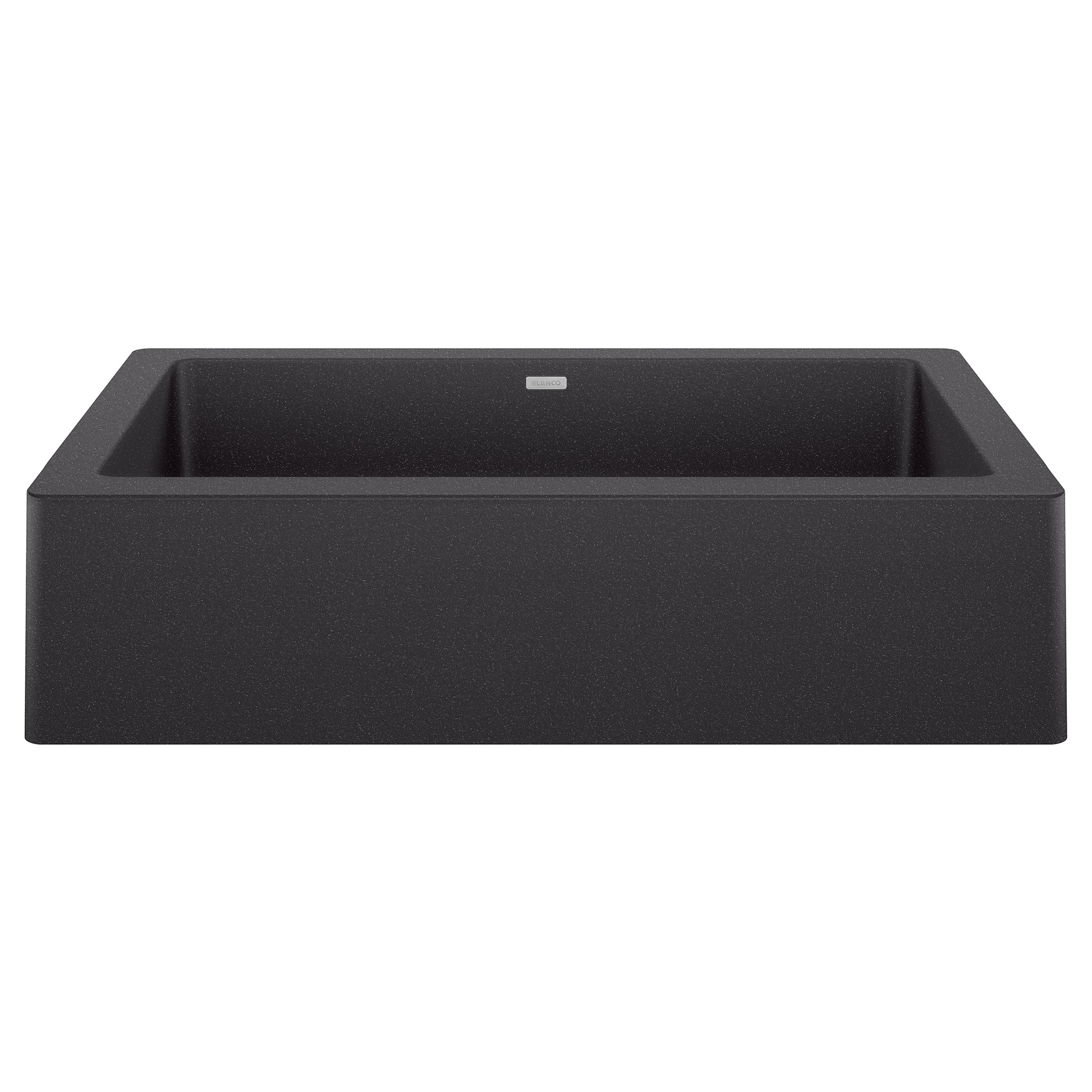 Anthracite farmhouse sink with single rectangular basin and front apron, viewed from above at angle.