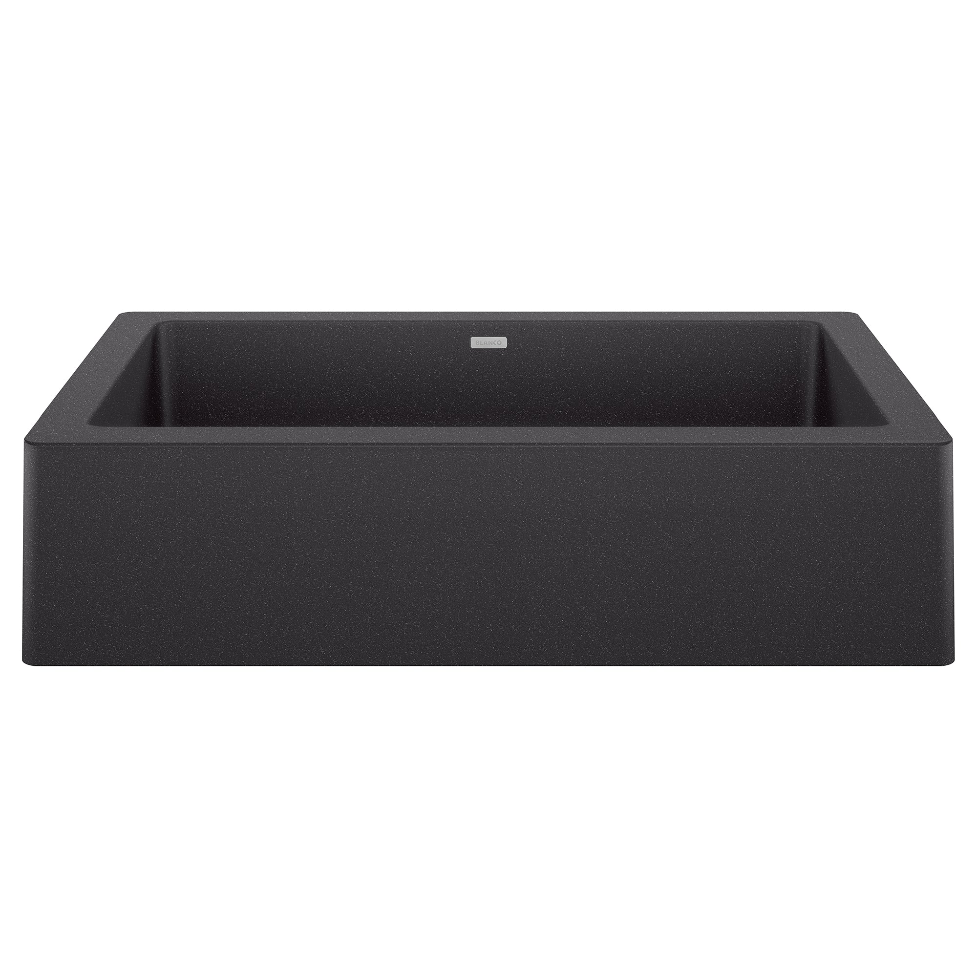 Anthracite farmhouse sink with single rectangular basin and front apron, viewed from above at angle.