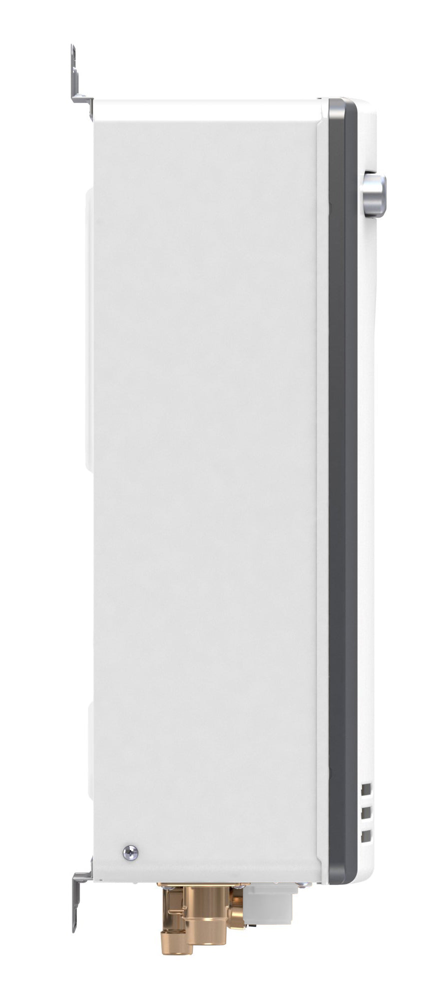 White and charcoal tankless water heater unit with brass fittings at base and wall-mount brackets.