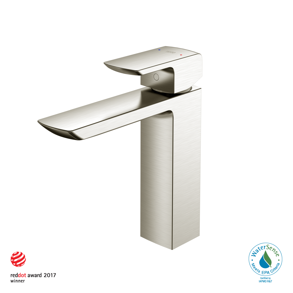 Brushed nickel single-handle bathroom faucet with curved spout and rectangular base for vessel sinks.
