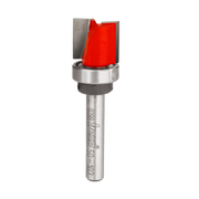 Router bit with red cutting head, silver metal bearing ring, and cylindrical shank marked with Freud branding.