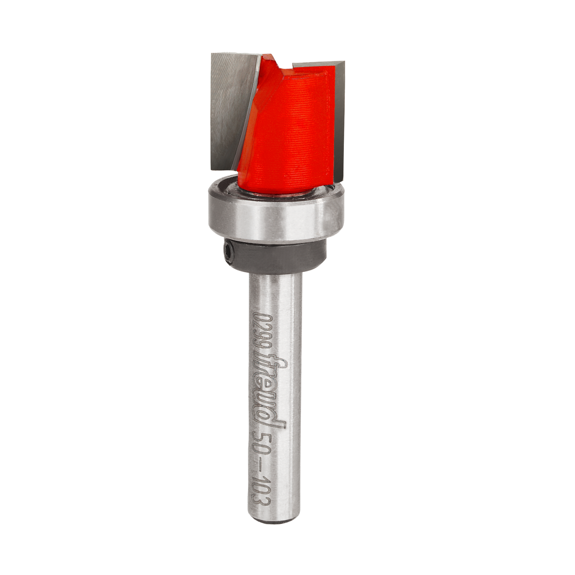 Router bit with red cutting head, silver metal bearing ring, and cylindrical shank marked with Freud branding.
