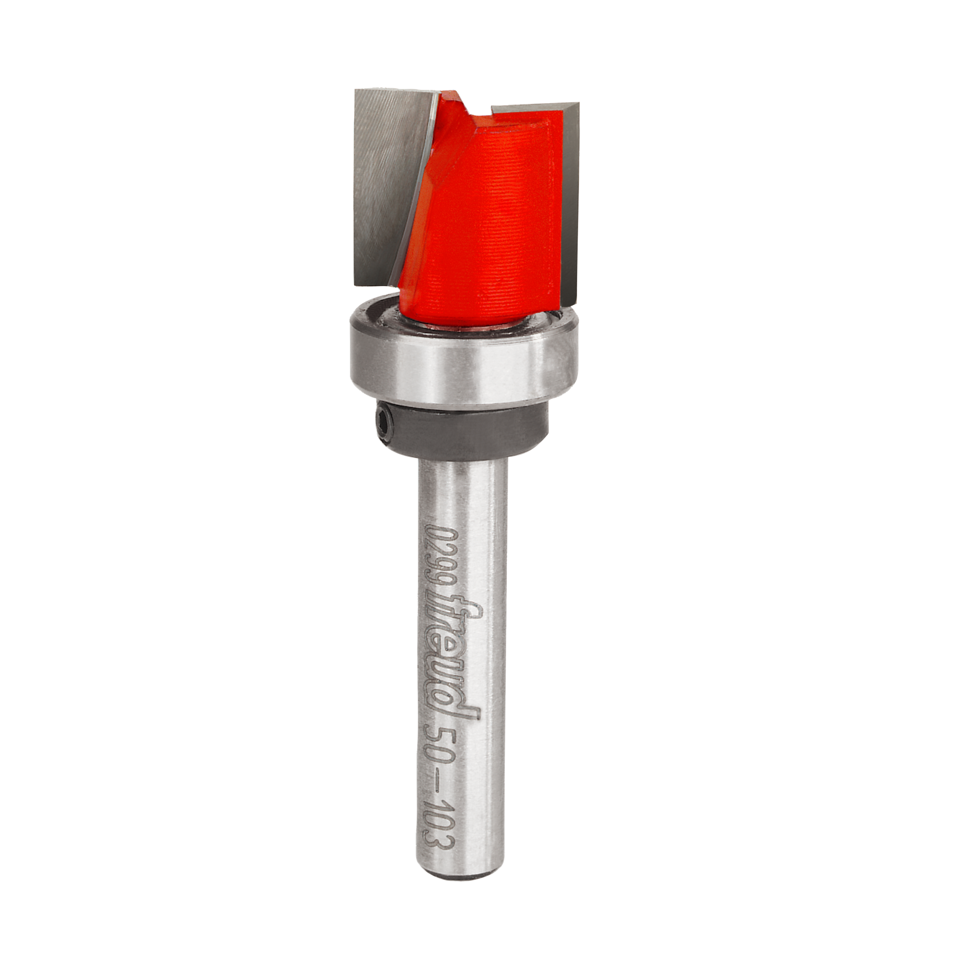 Router bit with red cutting head, silver metal bearing ring, and cylindrical shank marked with Freud branding.