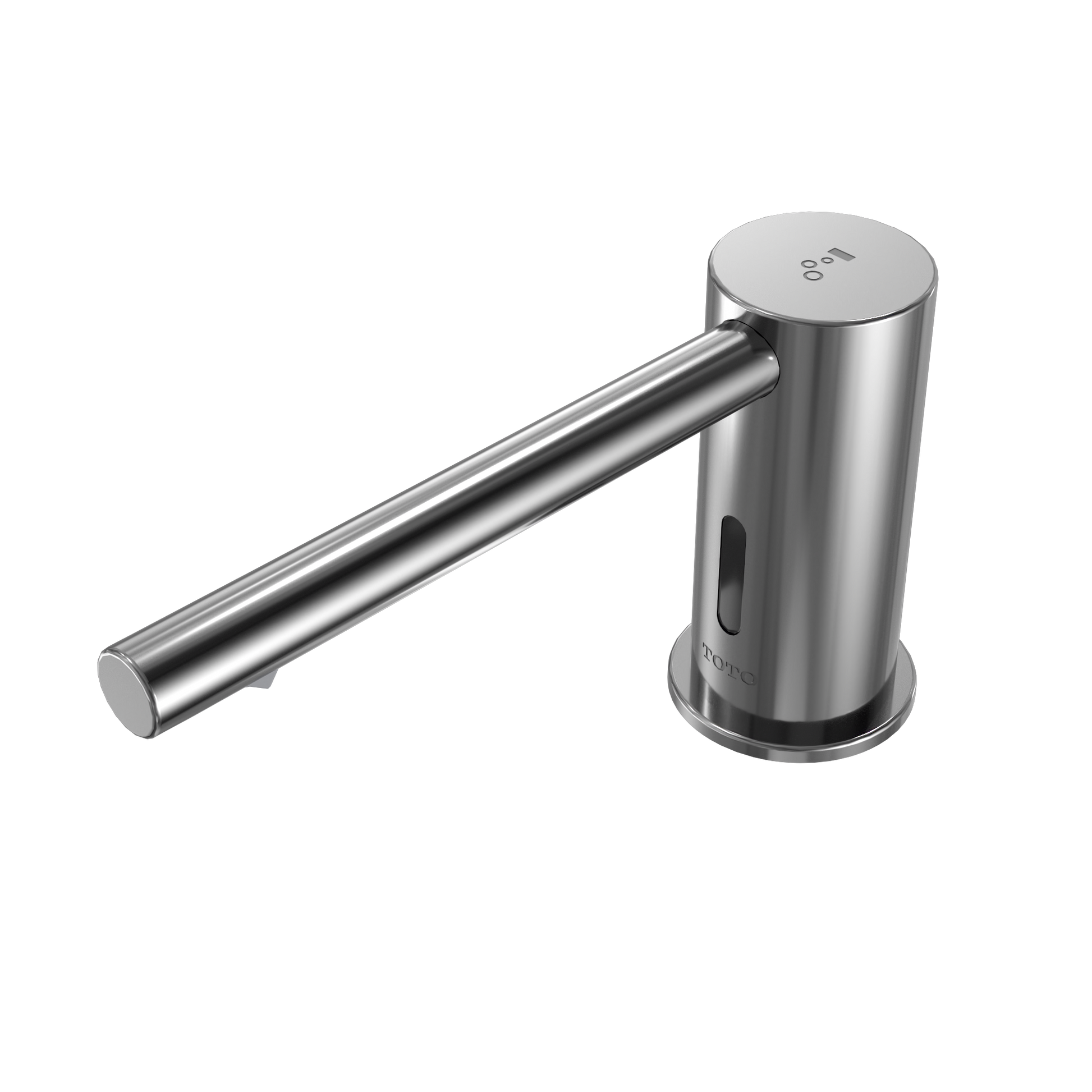 Polished chrome touchless foam soap dispenser with round pump head and angled spout.