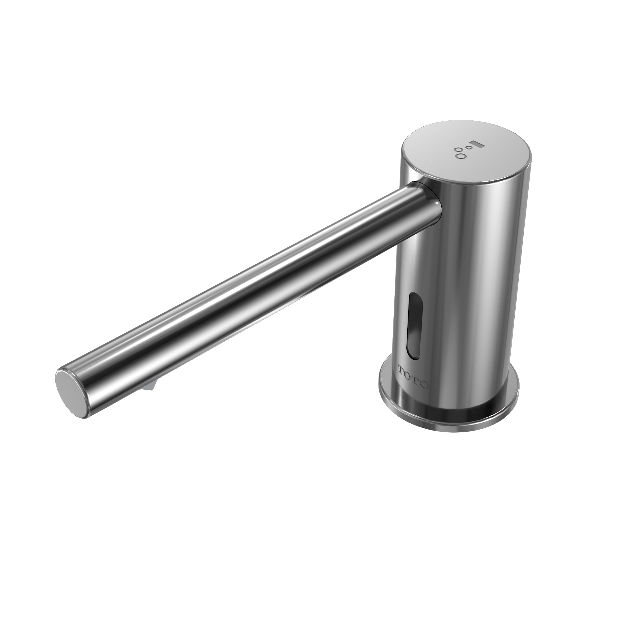Polished chrome touchless foam soap dispenser with round pump head and angled spout.