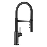 Matte black semi-pro kitchen faucet with high arched spout, flexible hose, and side lever control.