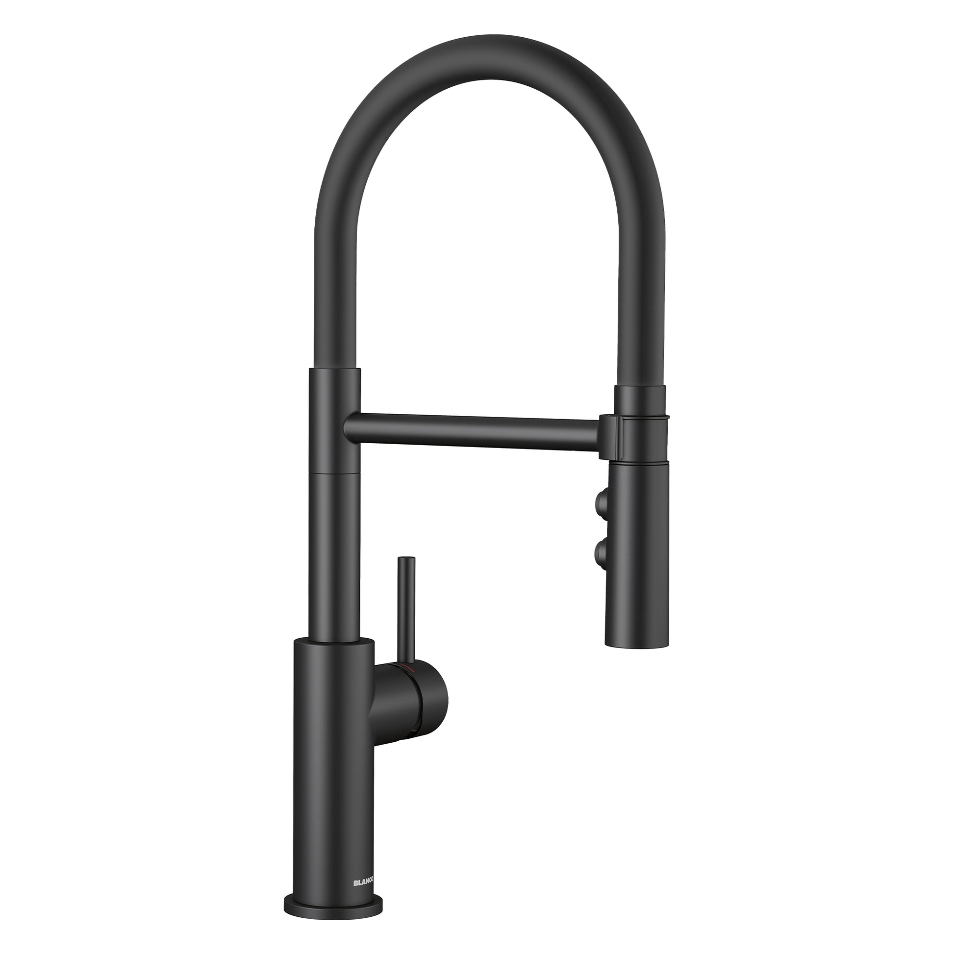 Matte black semi-pro kitchen faucet with high arched spout, flexible hose, and side lever control.