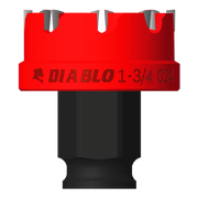 Red and black steel hole cutter with carbide teeth and Diablo branding on cylindrical body.