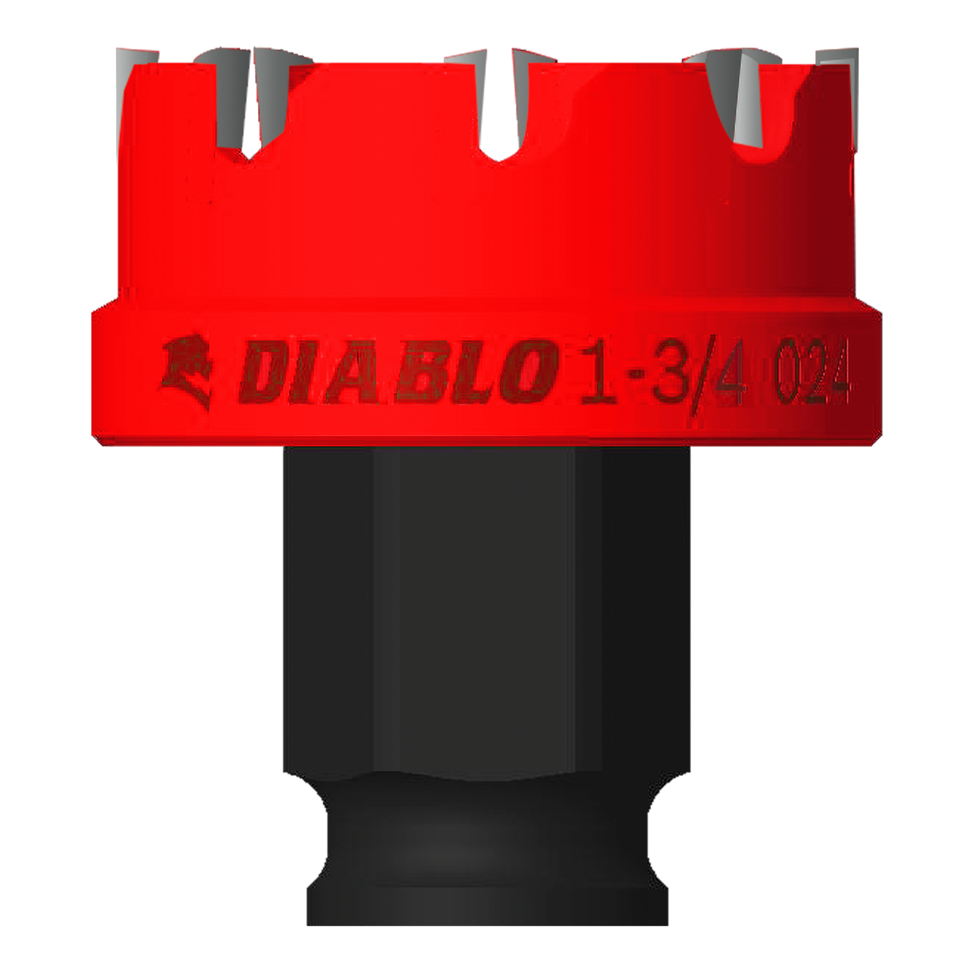 Red and black steel hole cutter with carbide teeth and Diablo branding on cylindrical body.