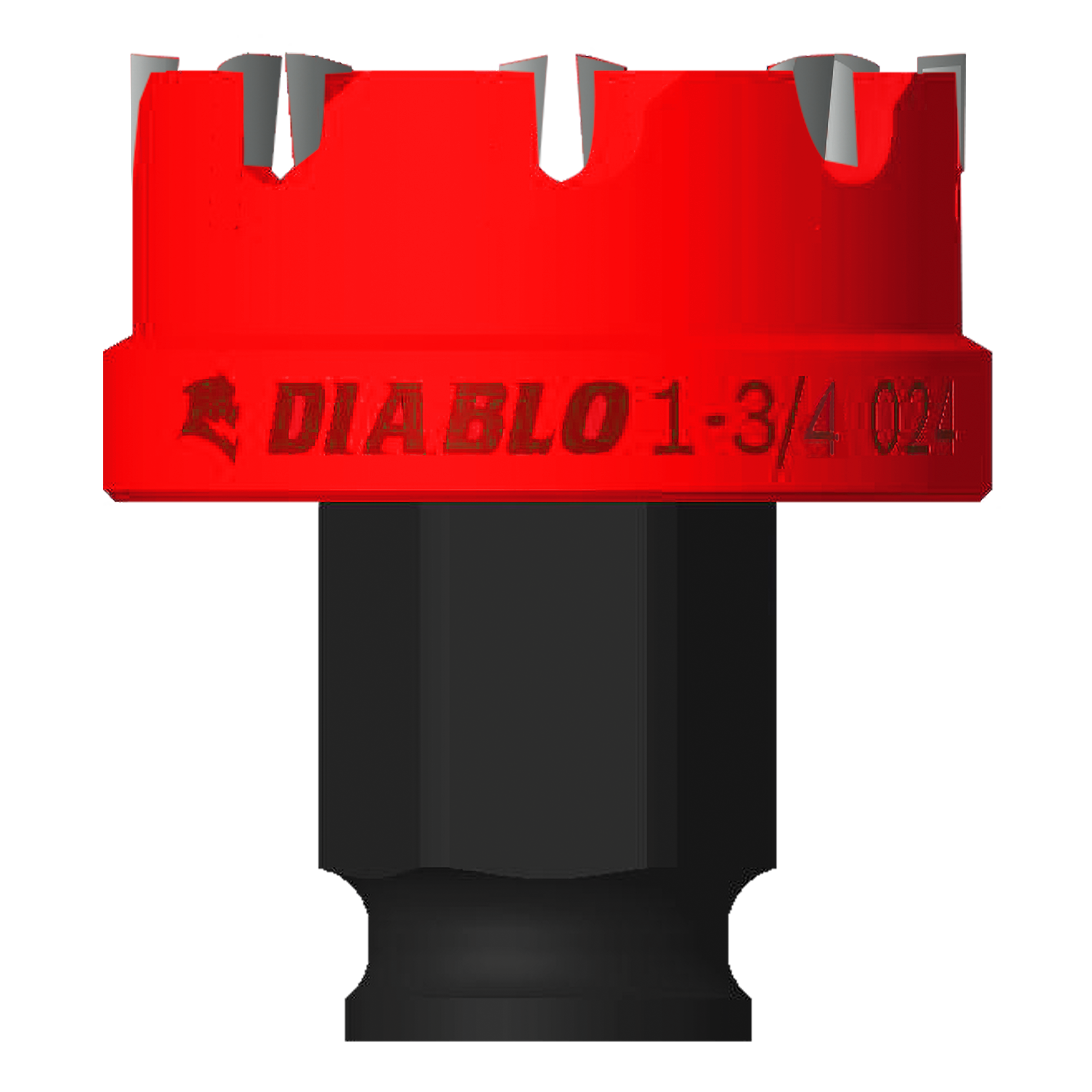 Red and black steel hole cutter with carbide teeth and Diablo branding on cylindrical body.
