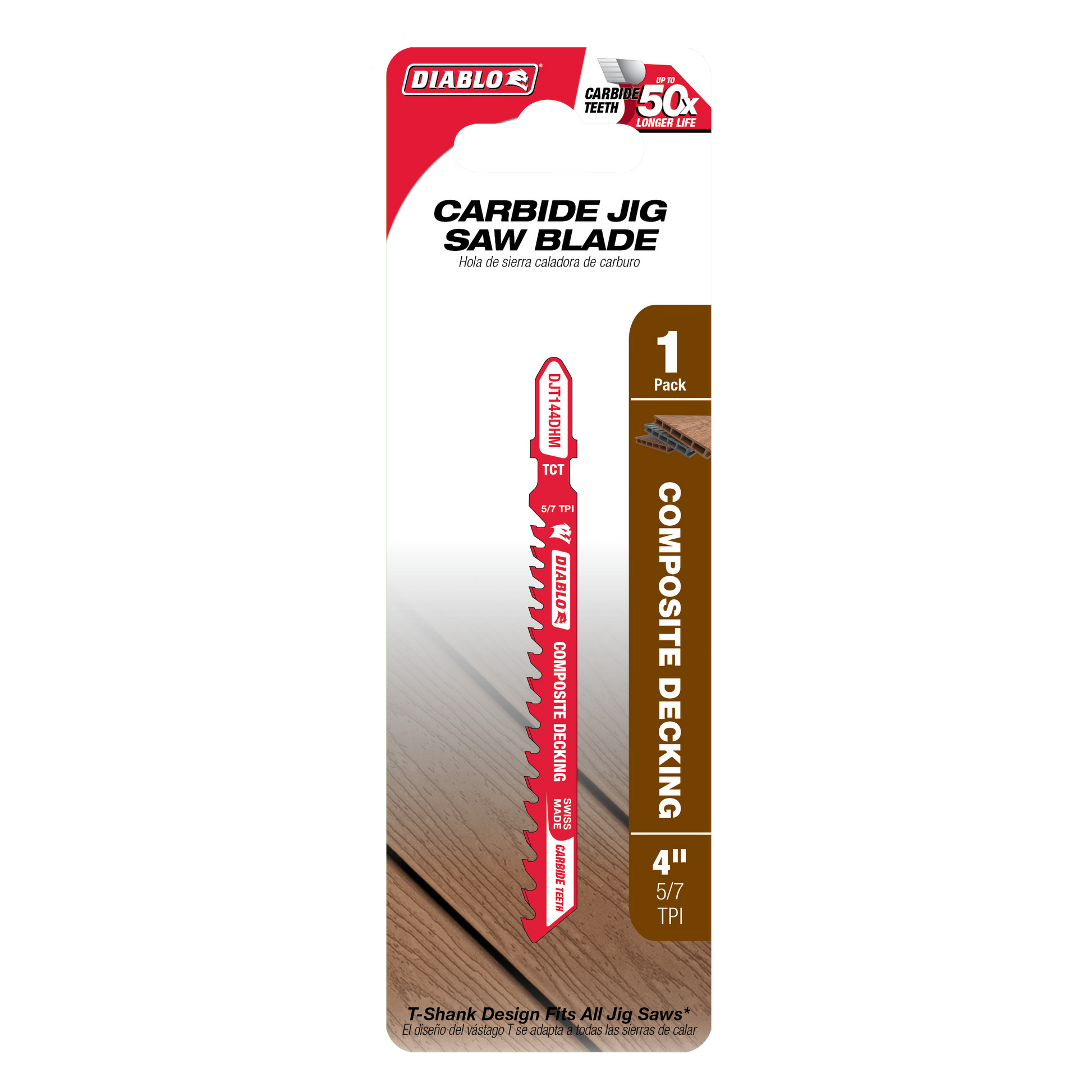 Diablo 4-inch carbide T-shank jig saw blade with 5/7 TPI teeth for composite decking, shown on red packaging.