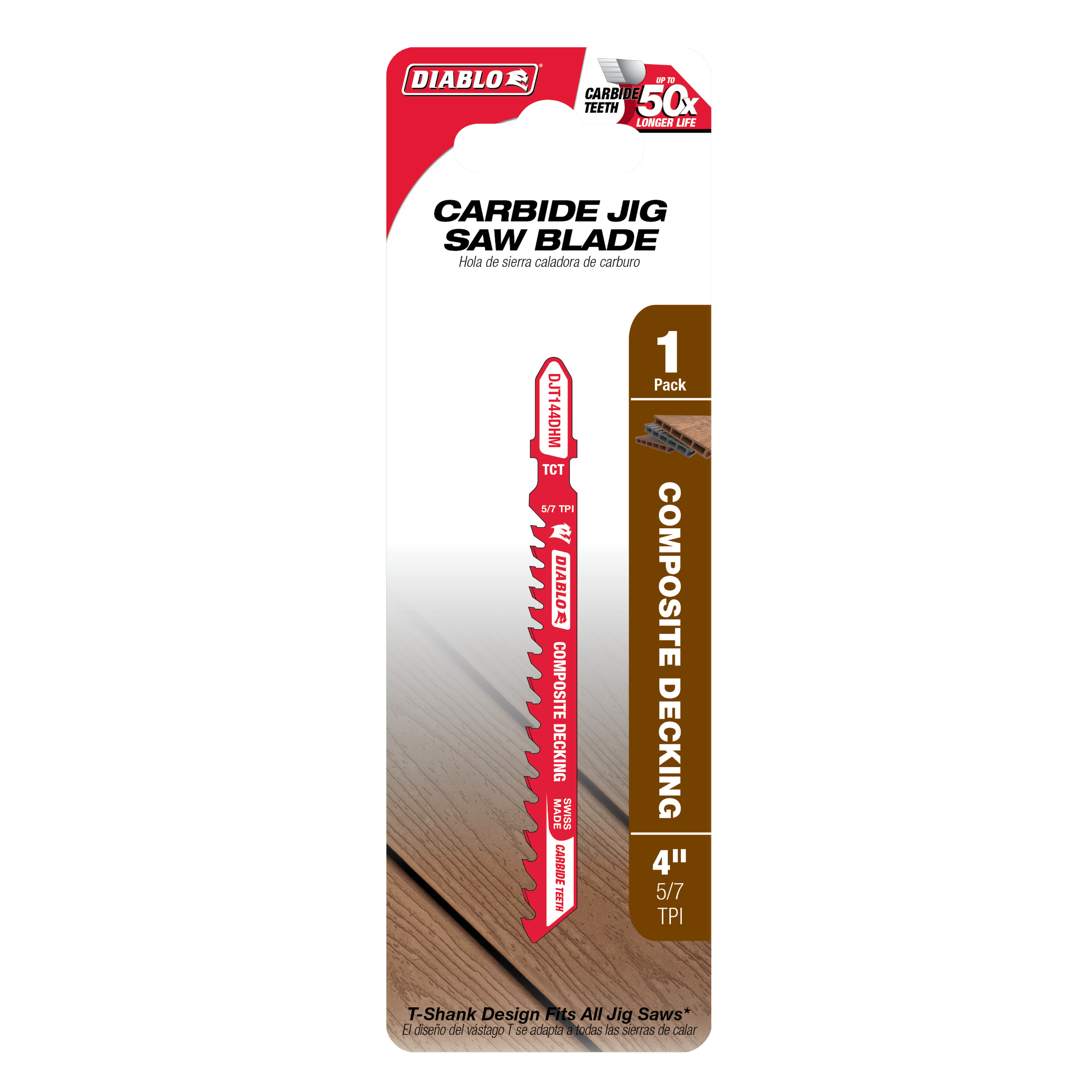 Diablo 4-inch carbide T-shank jig saw blade with 5/7 TPI teeth for composite decking, shown on red packaging.