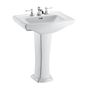 White rectangular pedestal sink with chrome faucet and handles, single basin with overflow hole.
