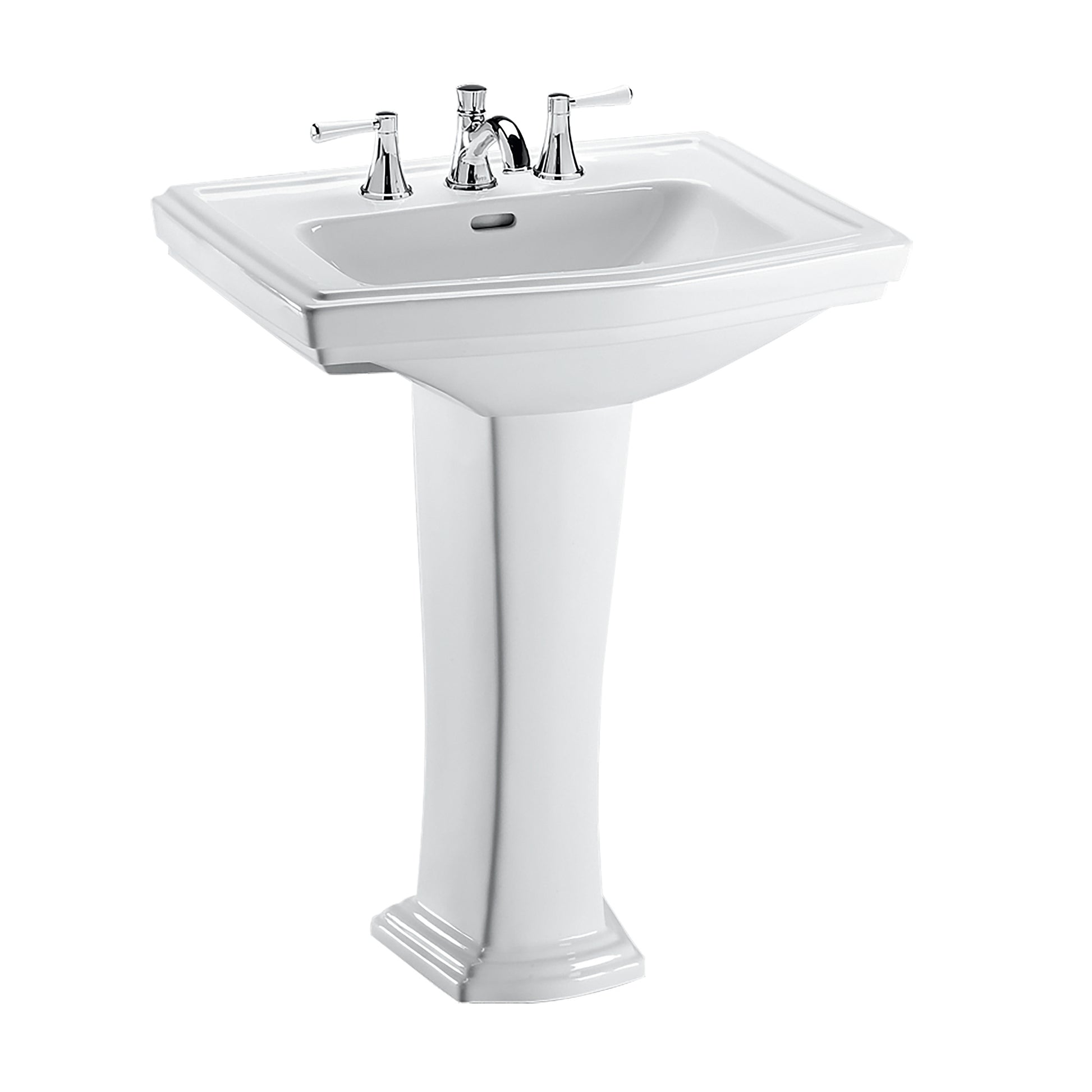White rectangular pedestal sink with chrome faucet and handles, single basin with overflow hole.