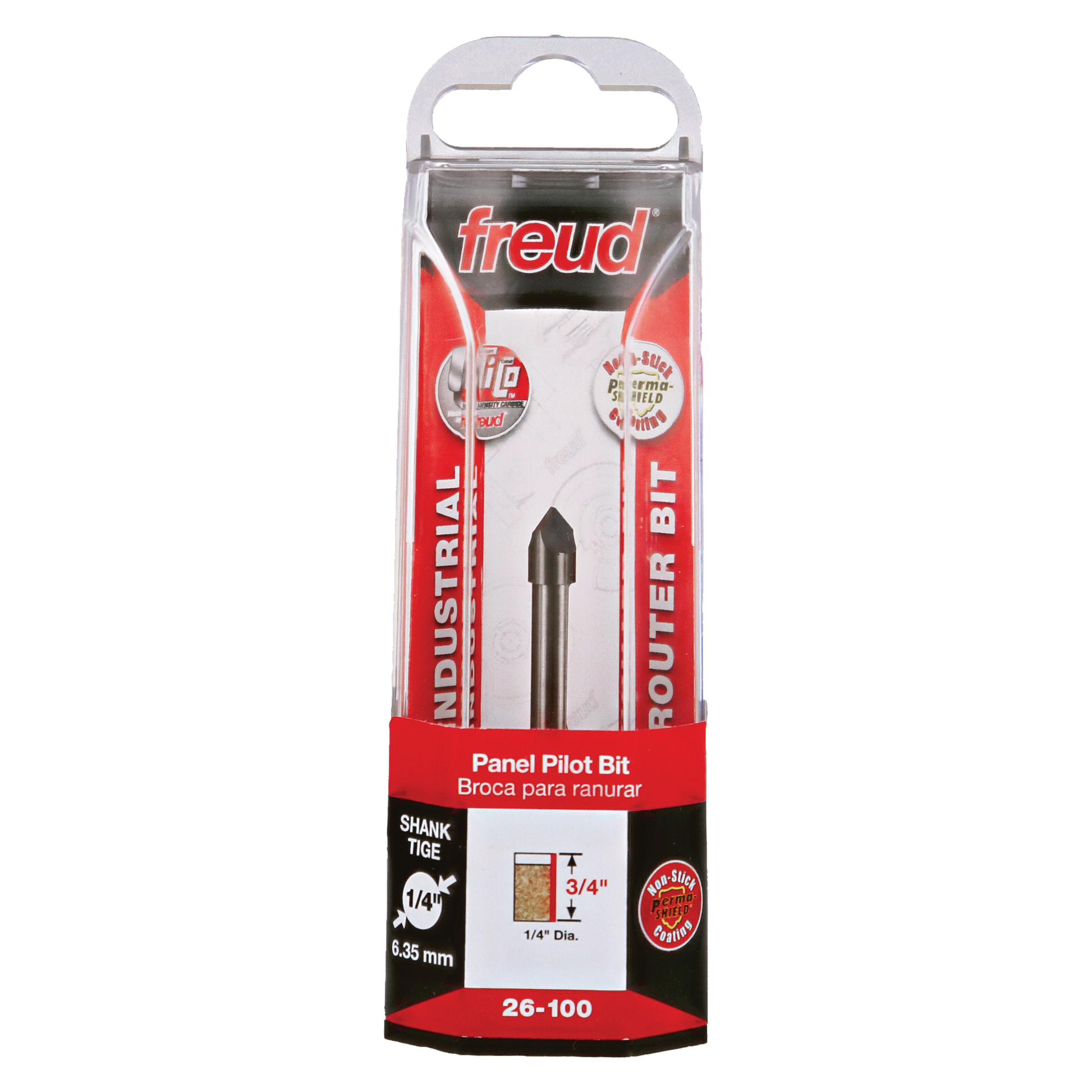 Freud 26-100 panel pilot bit with 1/4" shank and pointed tip in clear plastic packaging with red and black label.