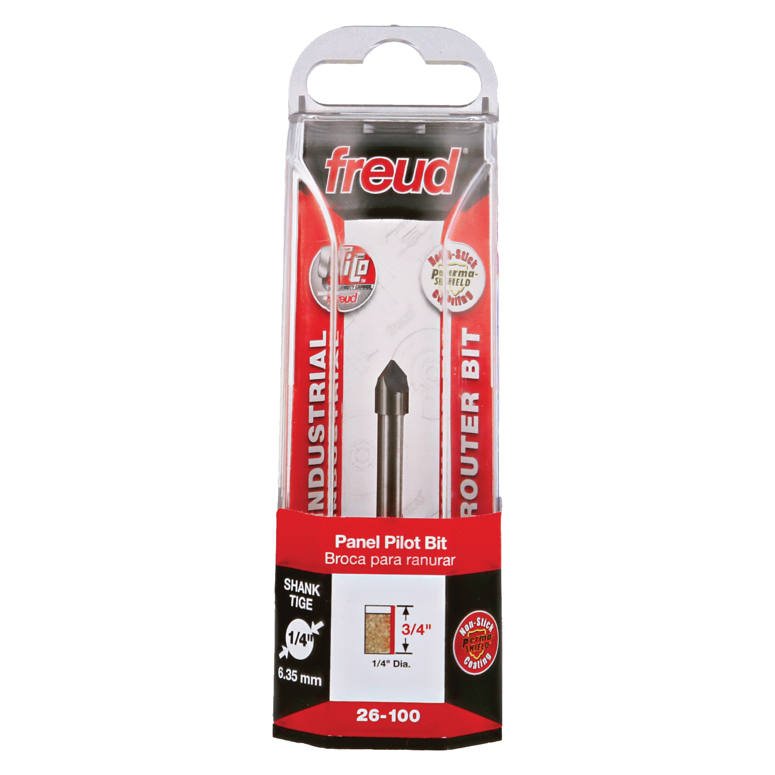 Freud 26-100 panel pilot bit with 1/4" shank and pointed tip in clear plastic packaging with red and black label.