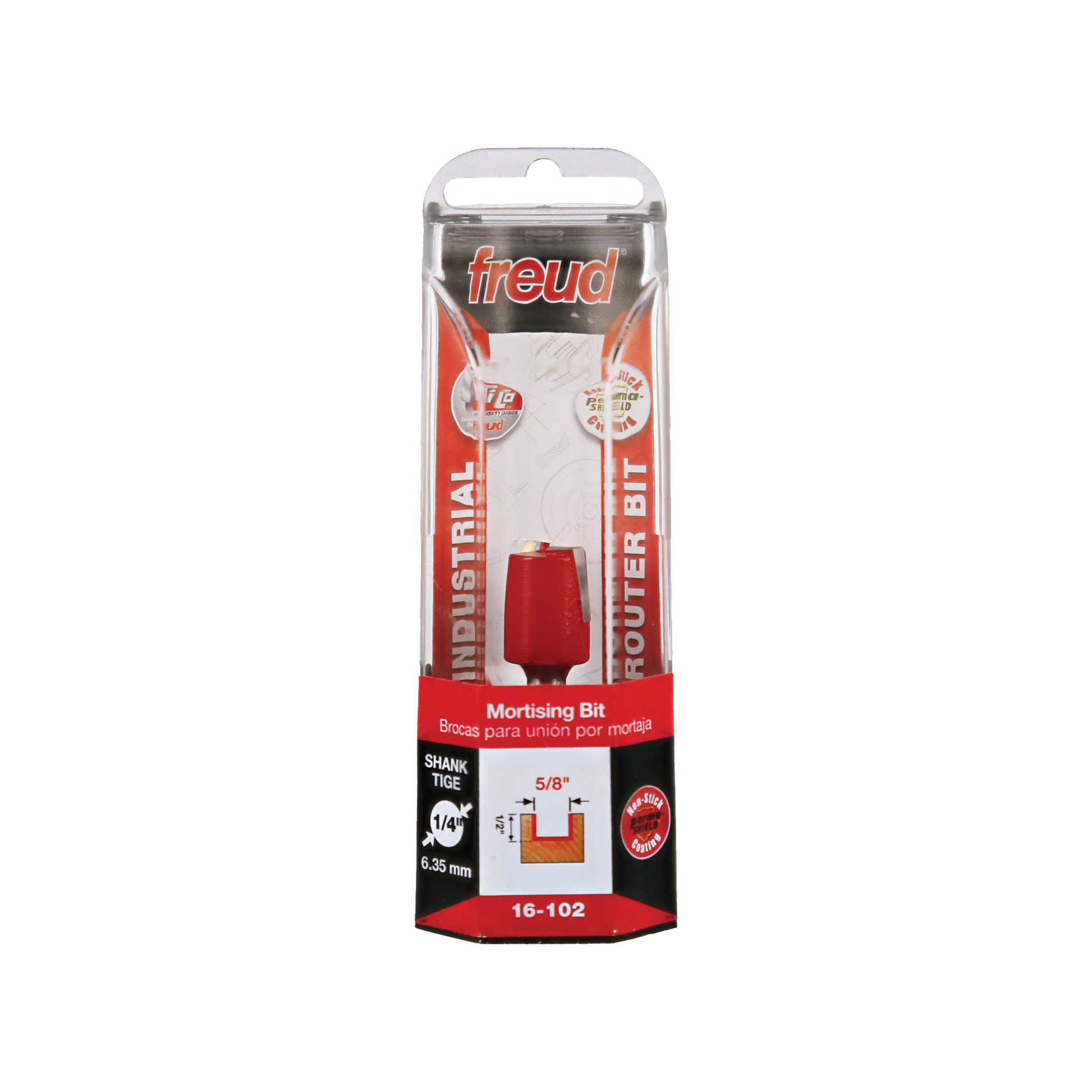 Freud 16-102 mortising bit with 5/8" diameter and 1/4" shank in red plastic packaging.