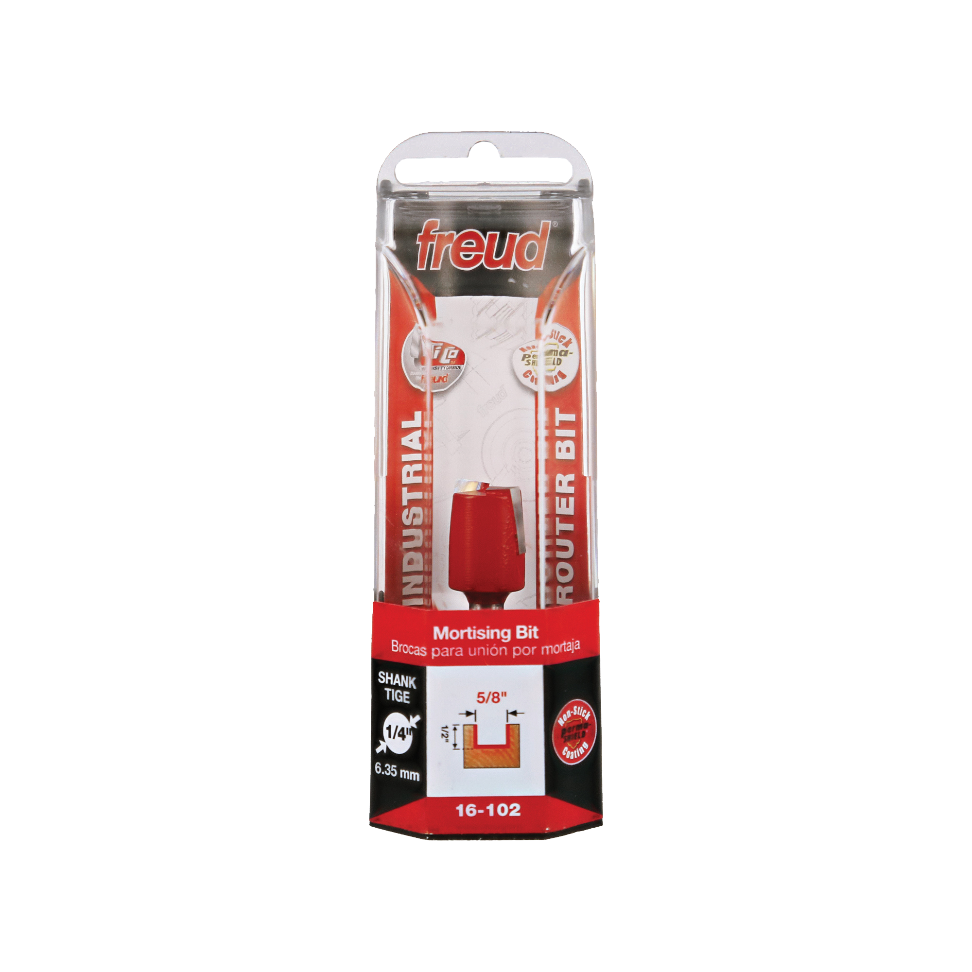 Freud 16-102 mortising bit with 5/8" diameter and 1/4" shank in red plastic packaging.