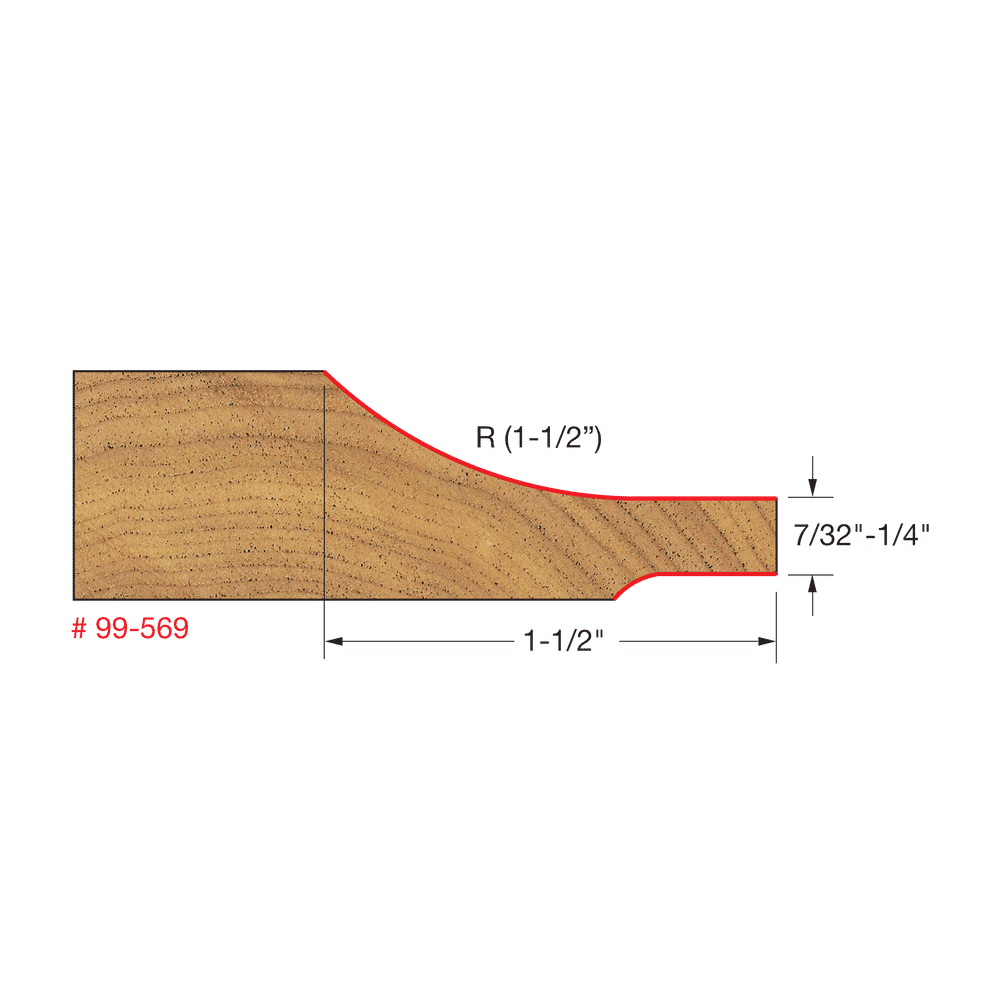 Freud 99-569 raised panel router bit with curved profile and backcutters, shown in cross-section diagram with measurements.