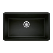 Coal black single bowl undermount kitchen sink with rounded corners and chrome drain strainer.