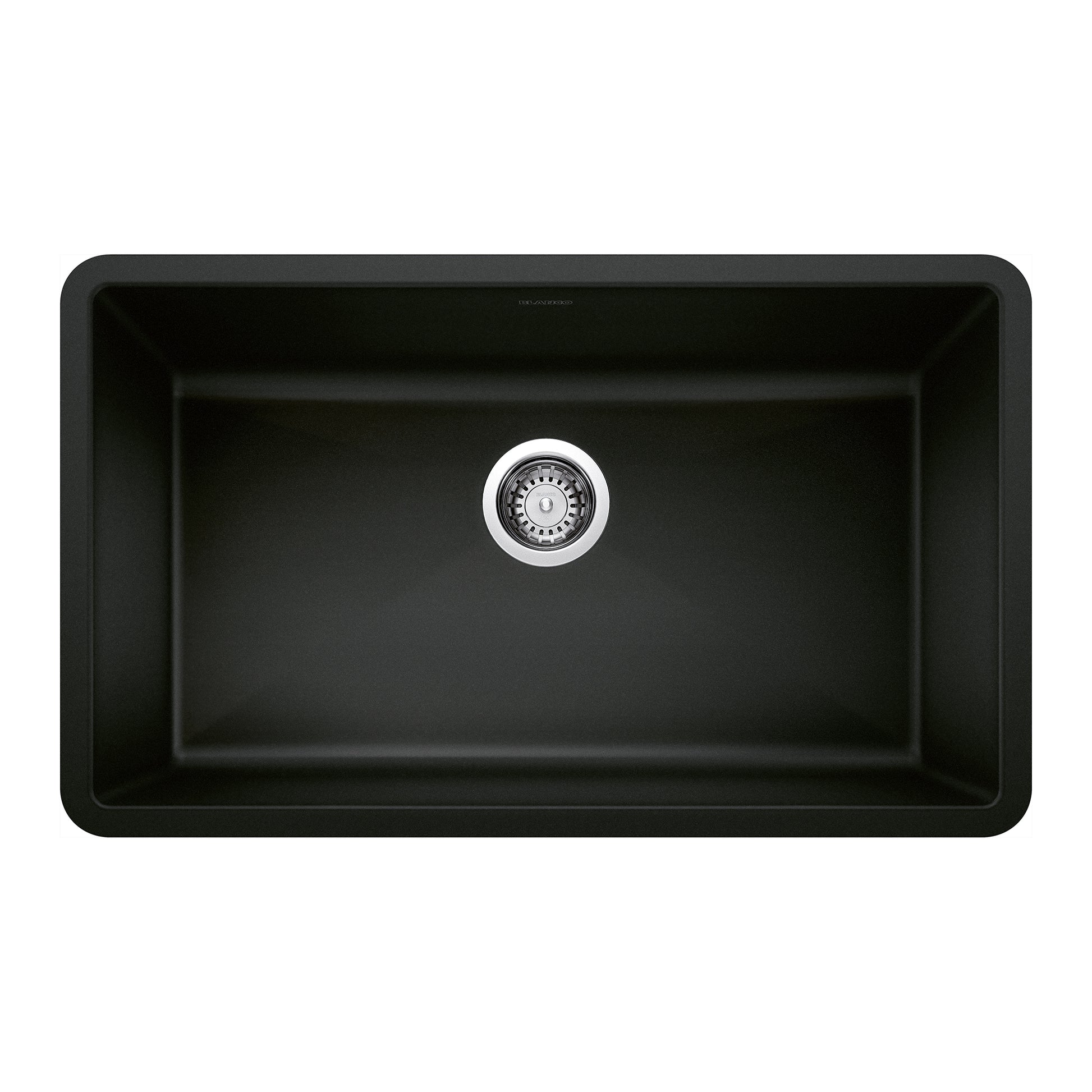 Coal black single bowl undermount kitchen sink with rounded corners and chrome drain strainer.