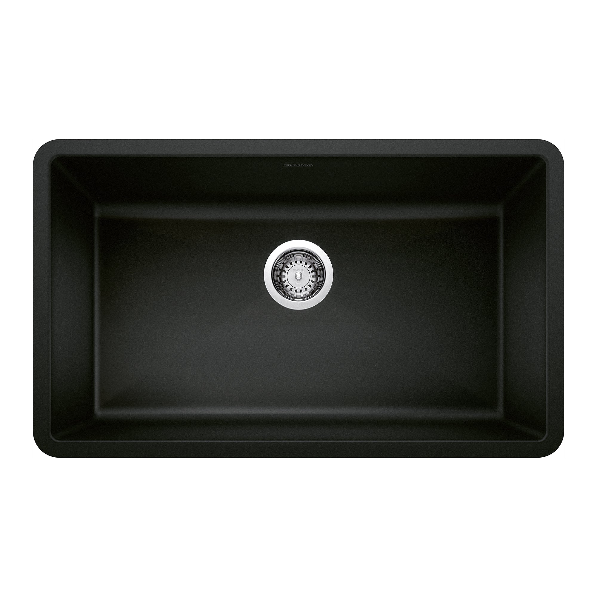 Coal black single bowl undermount kitchen sink with rounded corners and chrome drain strainer.