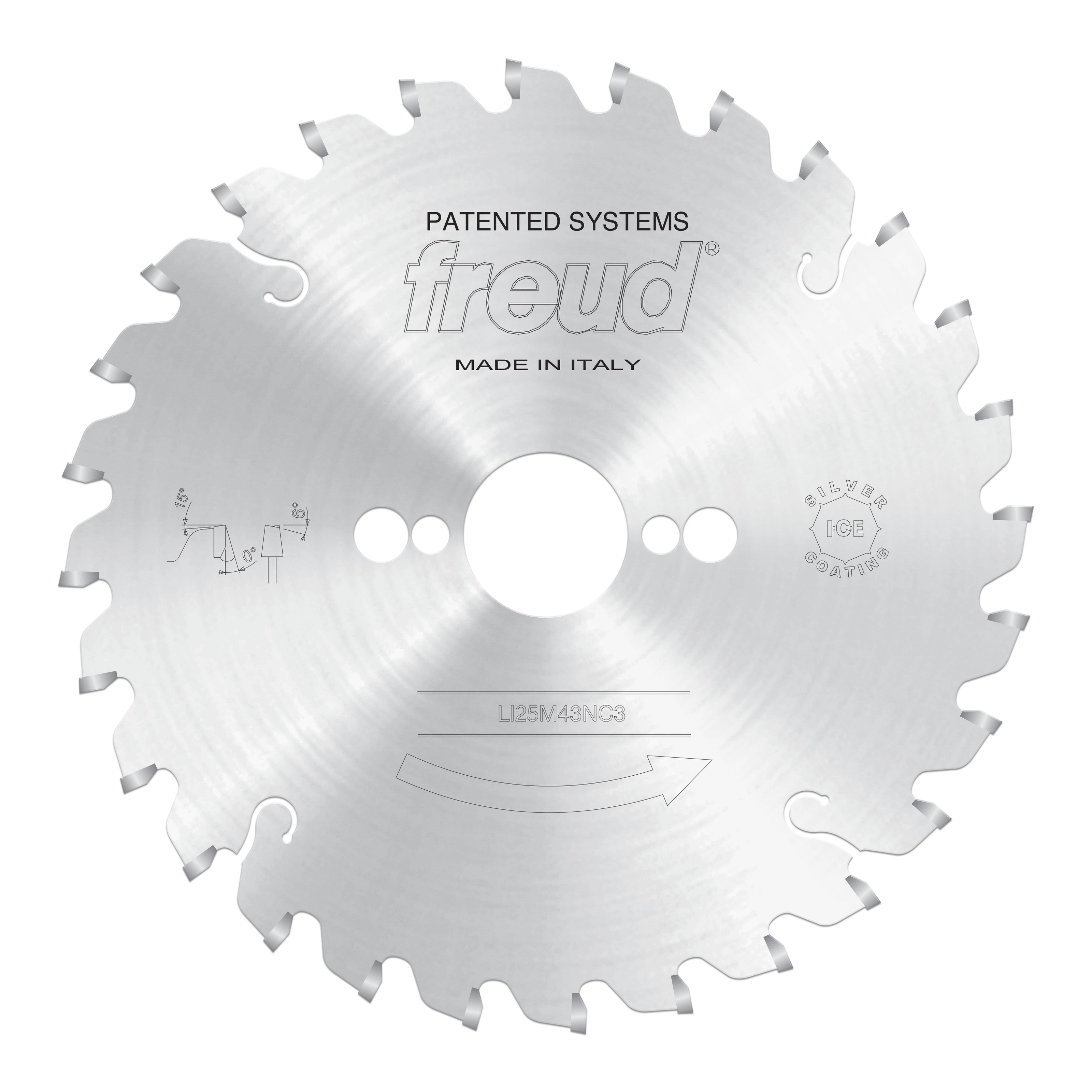 Freud 180mm conical scoring saw blade with alternating teeth and central mounting holes.