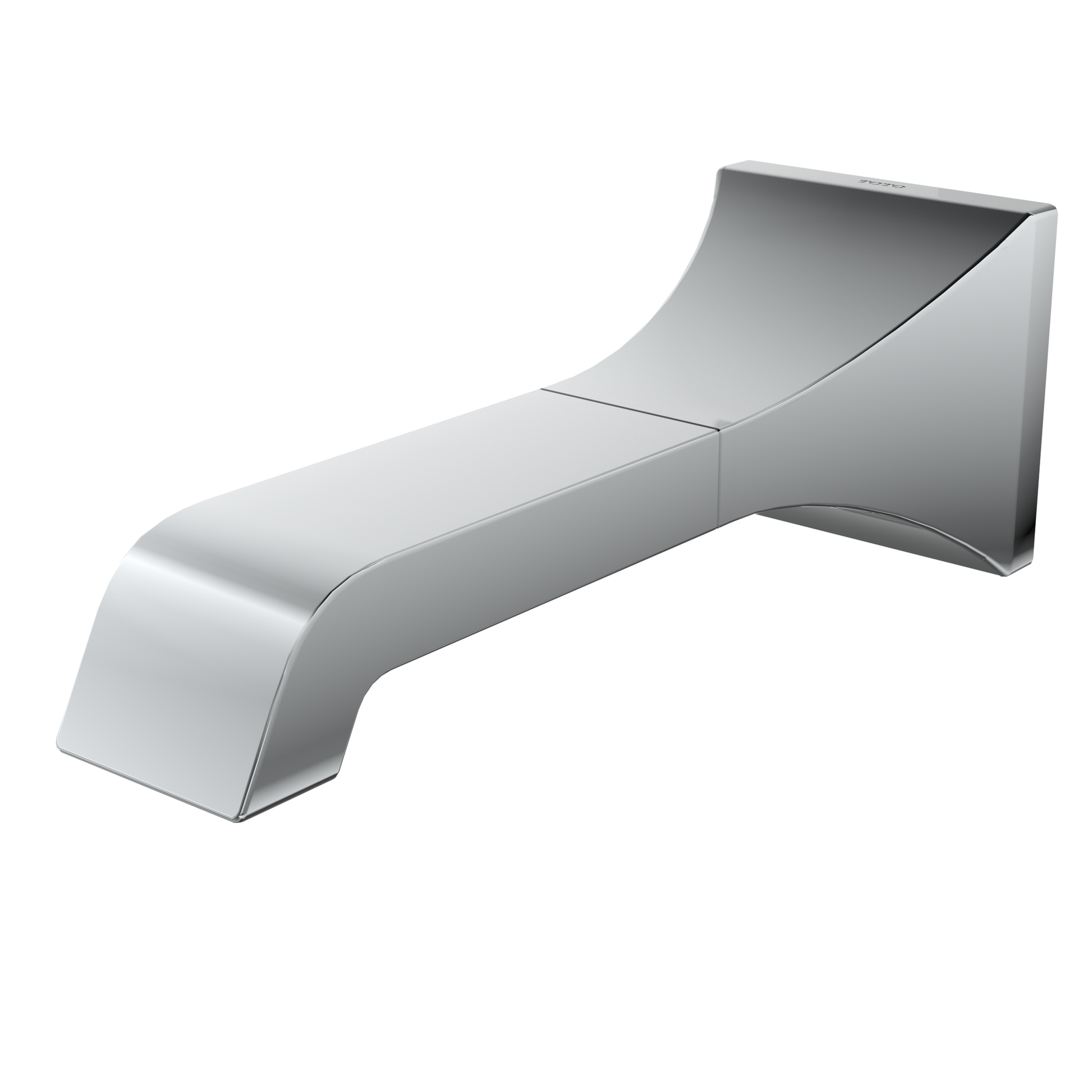 Polished chrome wall-mounted tub spout with curved outlet and square mounting bracket.