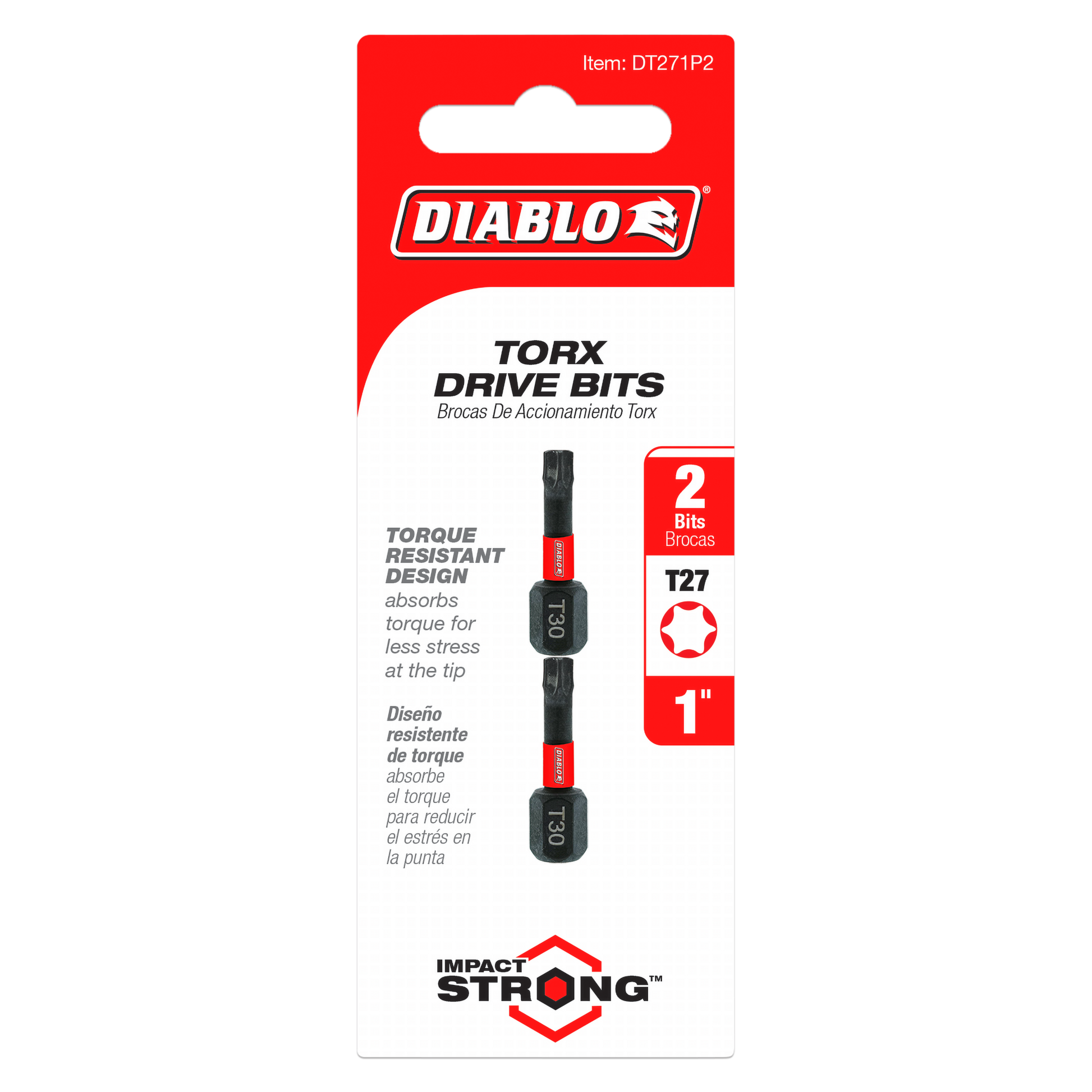 Two black and red Diablo T27 Torx drive bits, 1 inch long, on red and white packaging card.