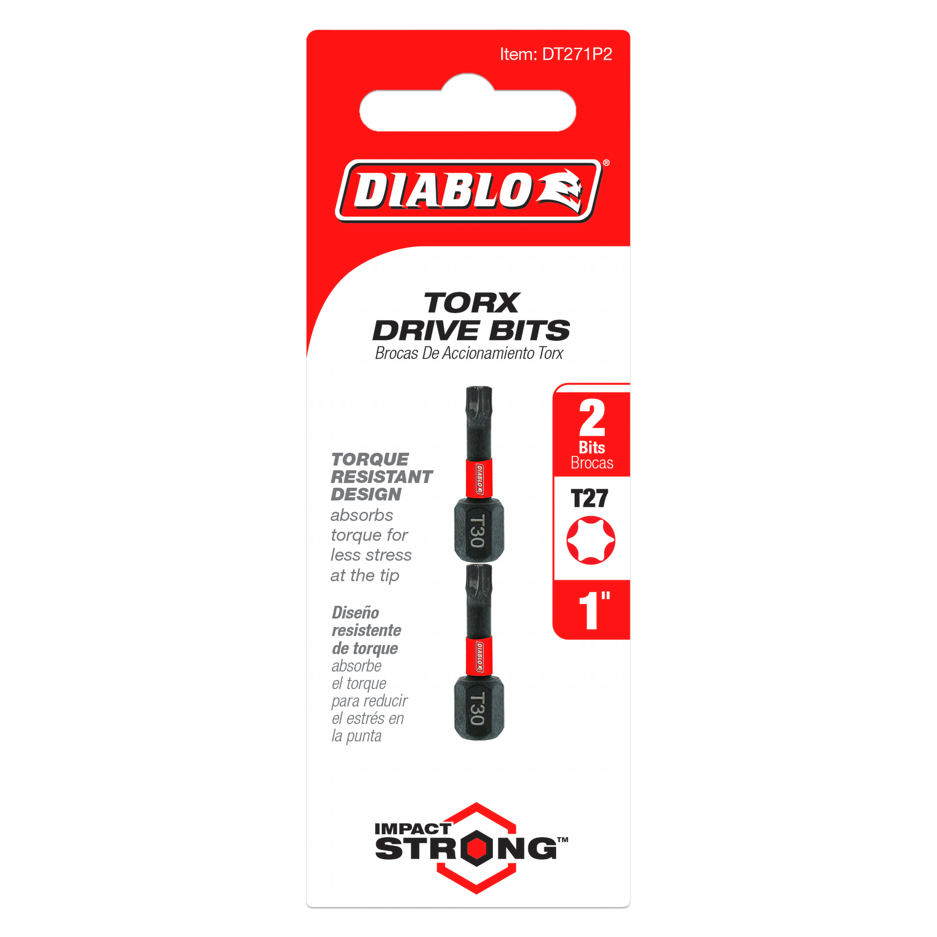 Two black and red Diablo T27 Torx drive bits, 1 inch long, on red and white packaging card.