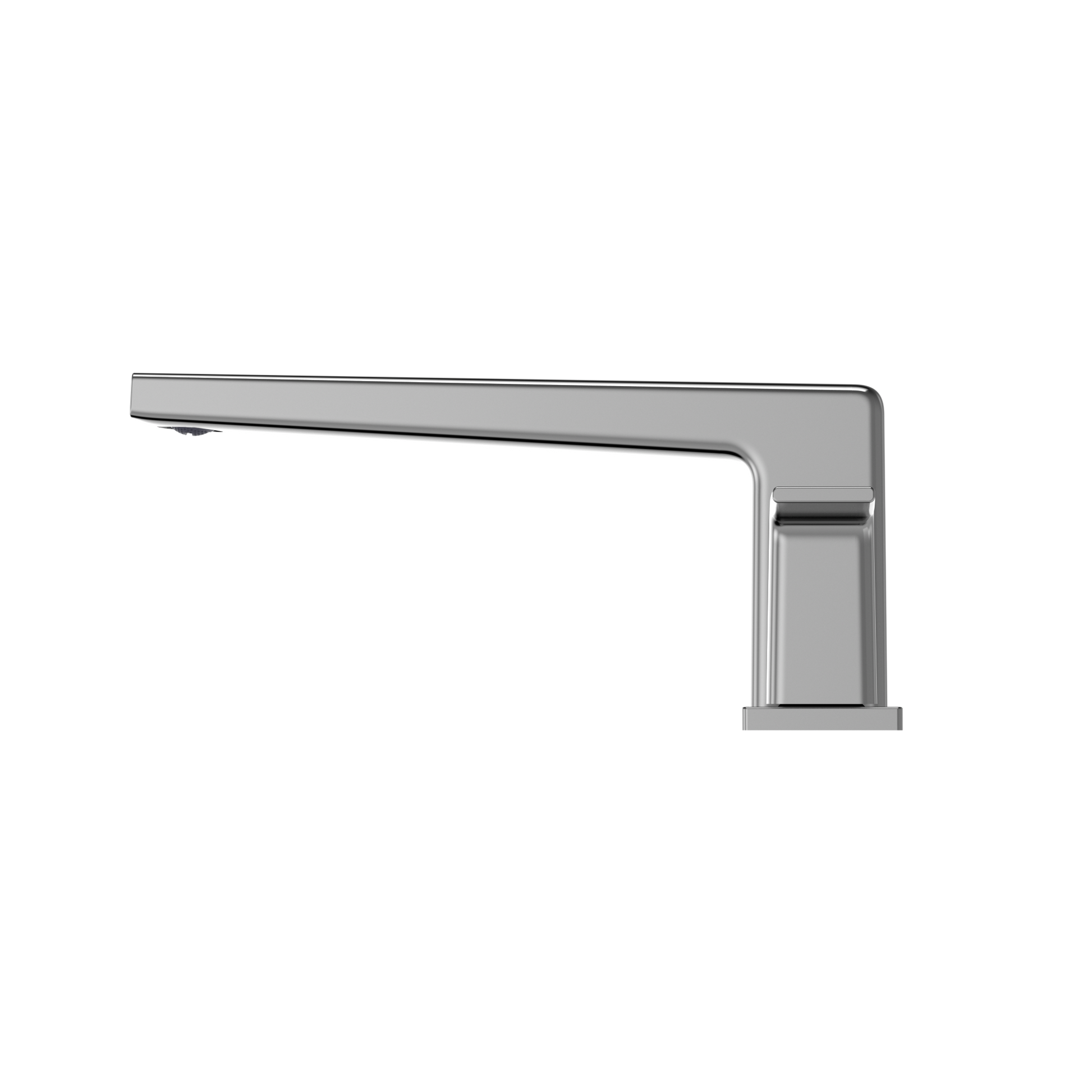 Polished chrome two-handle deck-mount roman tub filler with elongated spout and single control lever.