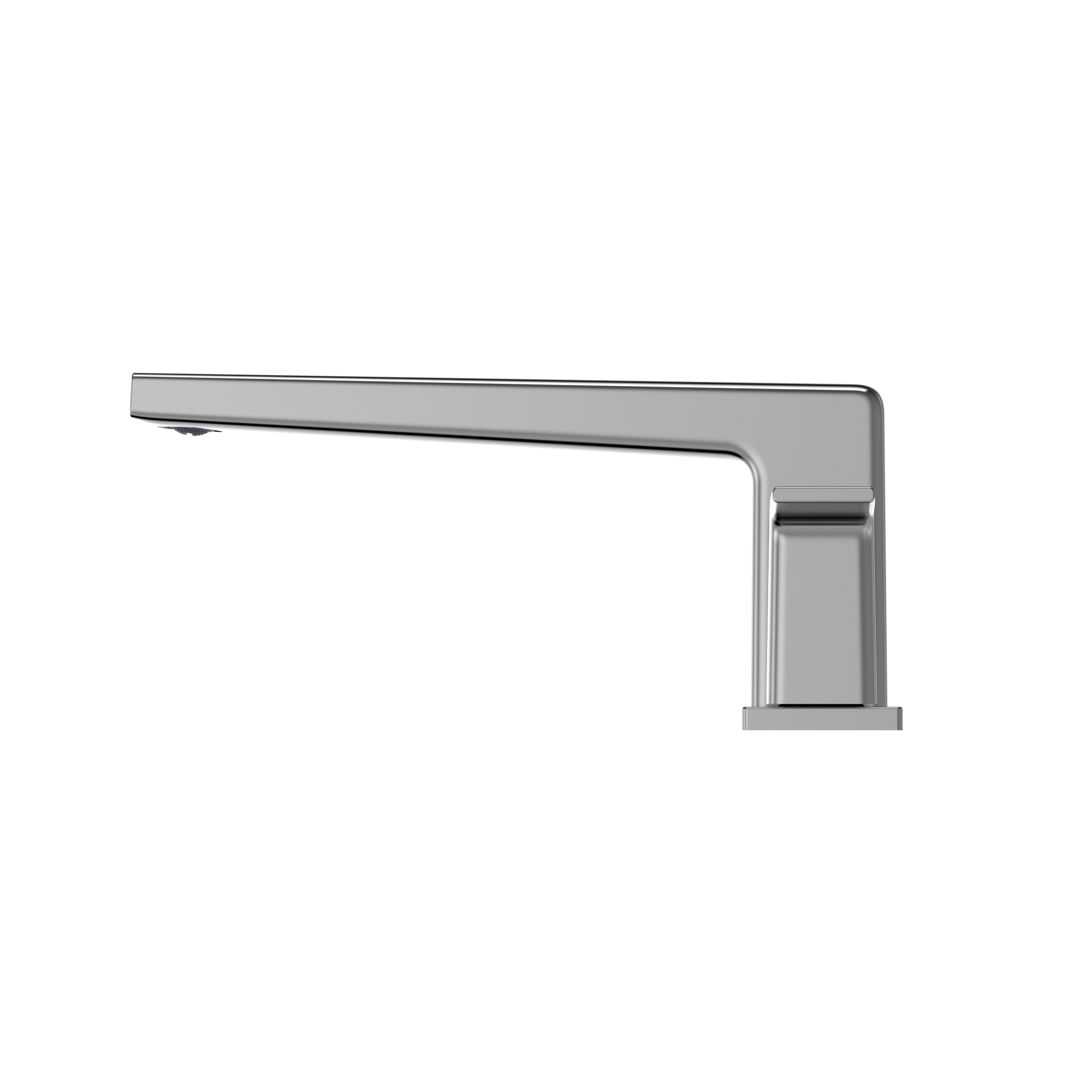 Polished chrome two-handle deck-mount roman tub filler with elongated spout and single control lever.
