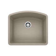 Truffle-colored single bowl undermount sink with rounded corners and chrome drain strainer, viewed from above.