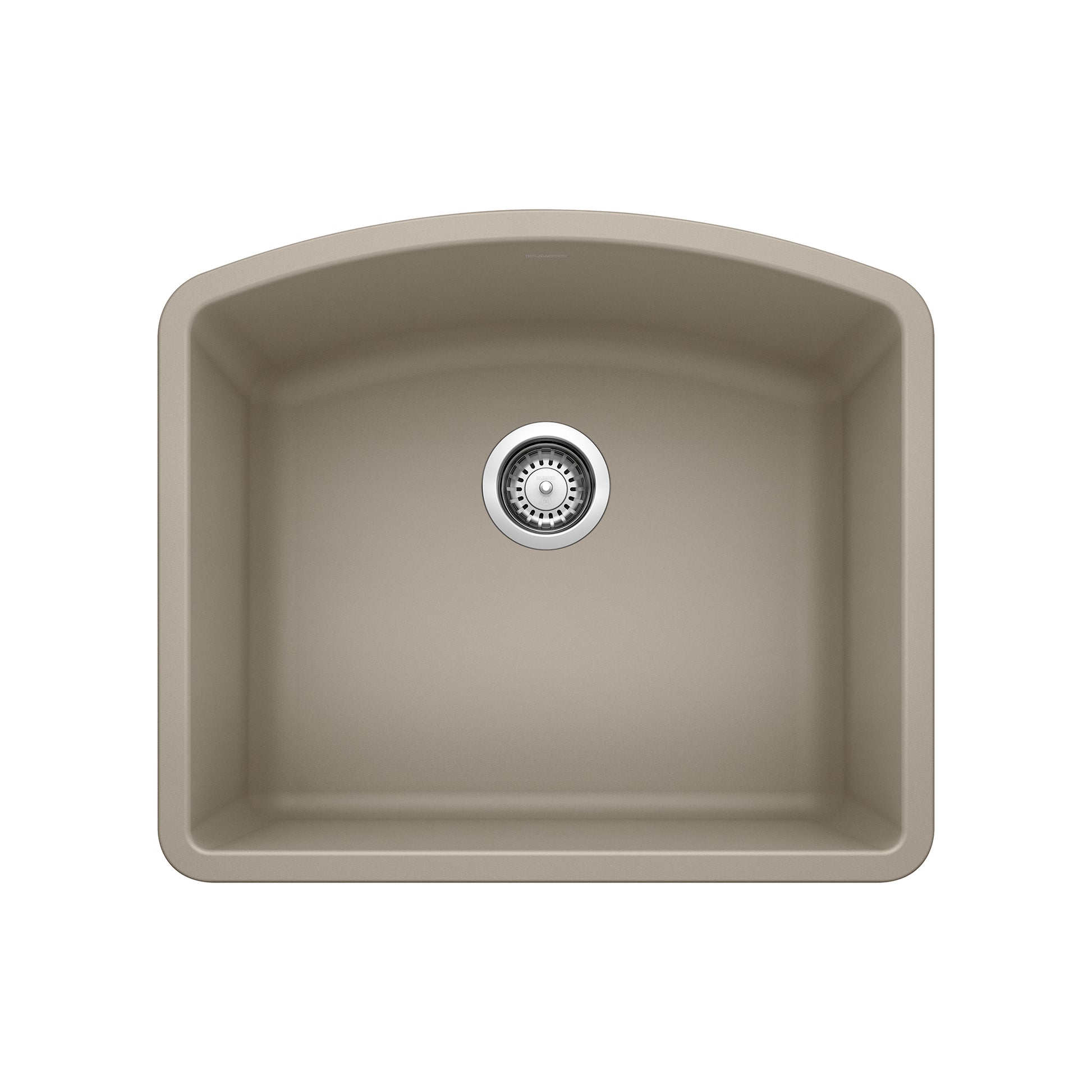 Truffle-colored single bowl undermount sink with rounded corners and chrome drain strainer, viewed from above.