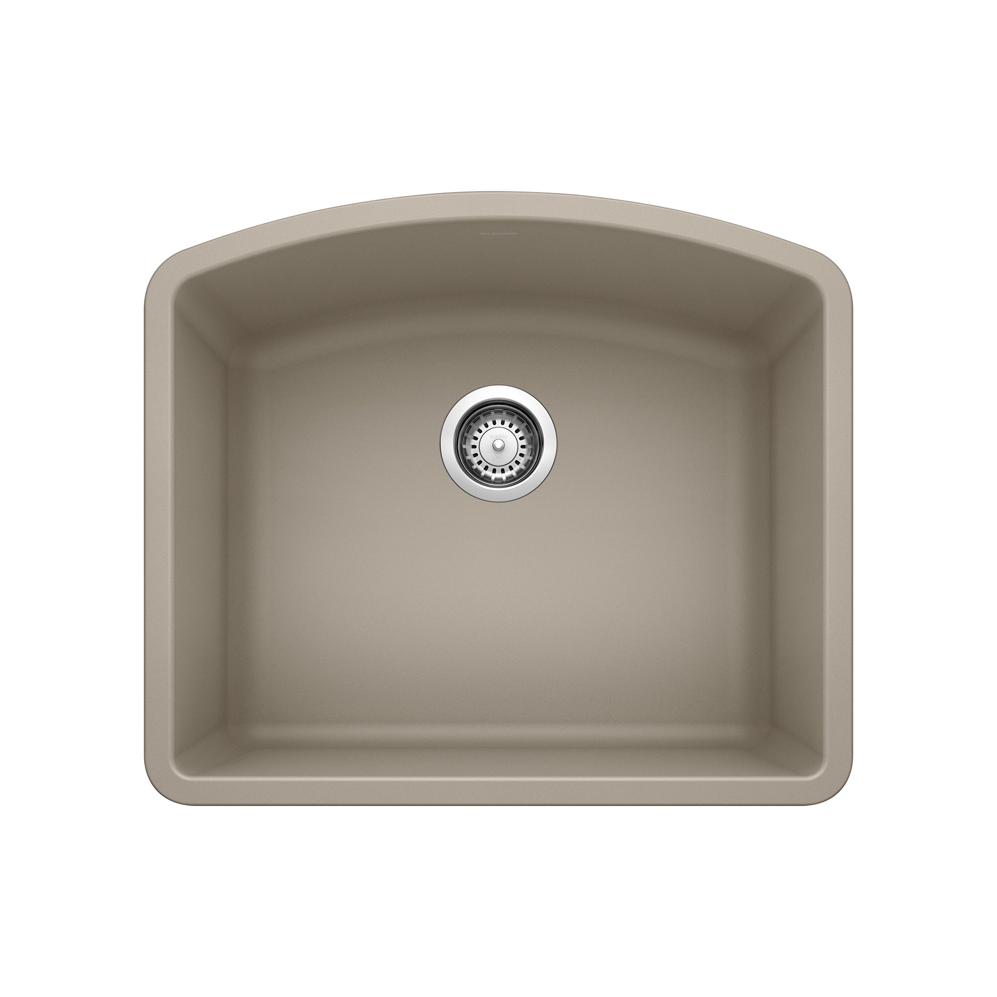 Truffle-colored single bowl undermount sink with rounded corners and chrome drain strainer, viewed from above.