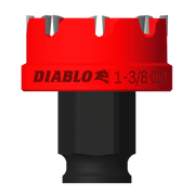 Red and black 1-3/8 inch hole cutter with carbide teeth and cylindrical shank.