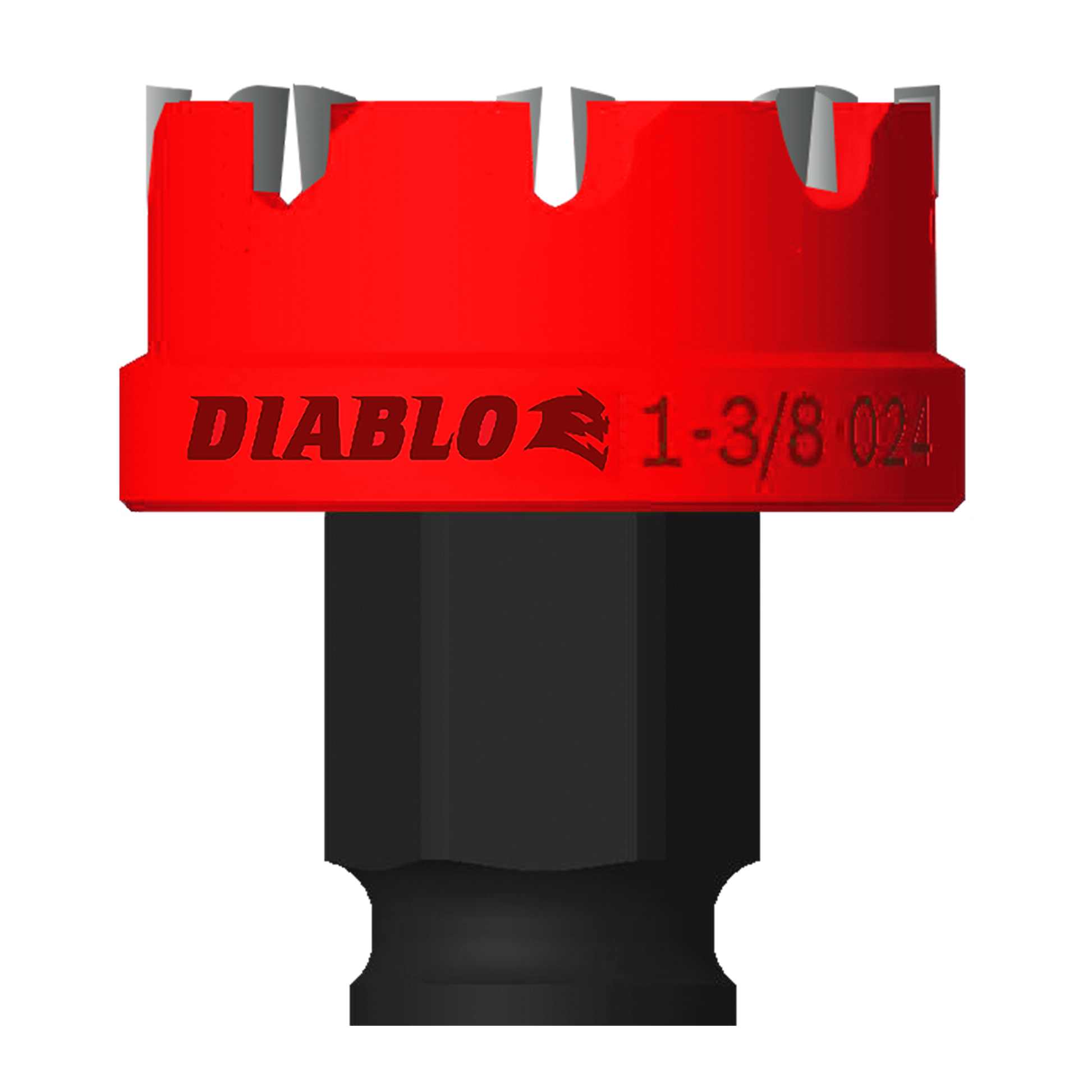 Red and black 1-3/8 inch hole cutter with carbide teeth and cylindrical shank.