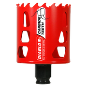 Red cylindrical holesaw with carbide-tipped teeth and black base attachment labeled Diablo.