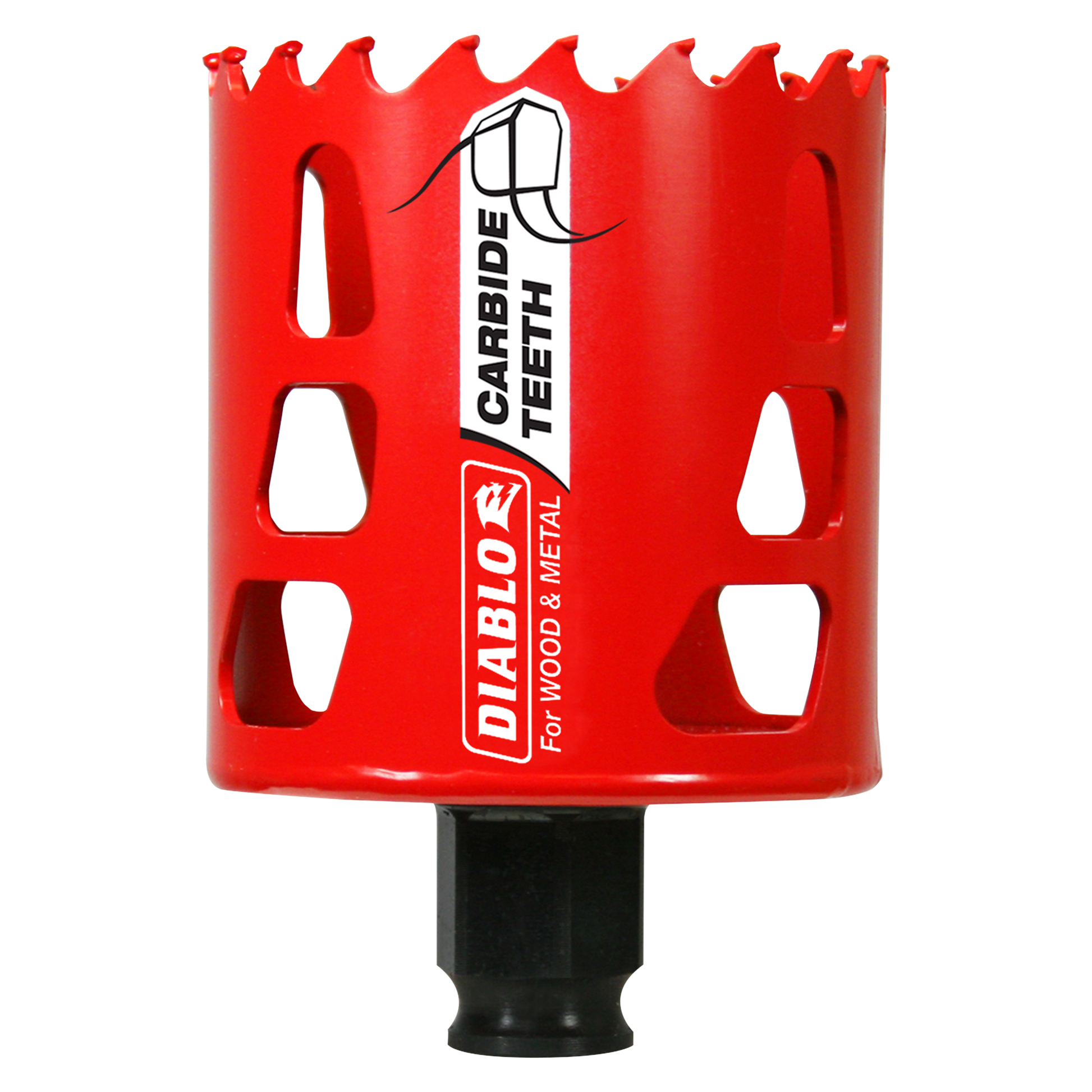 Red cylindrical holesaw with carbide-tipped teeth and black base attachment labeled Diablo.